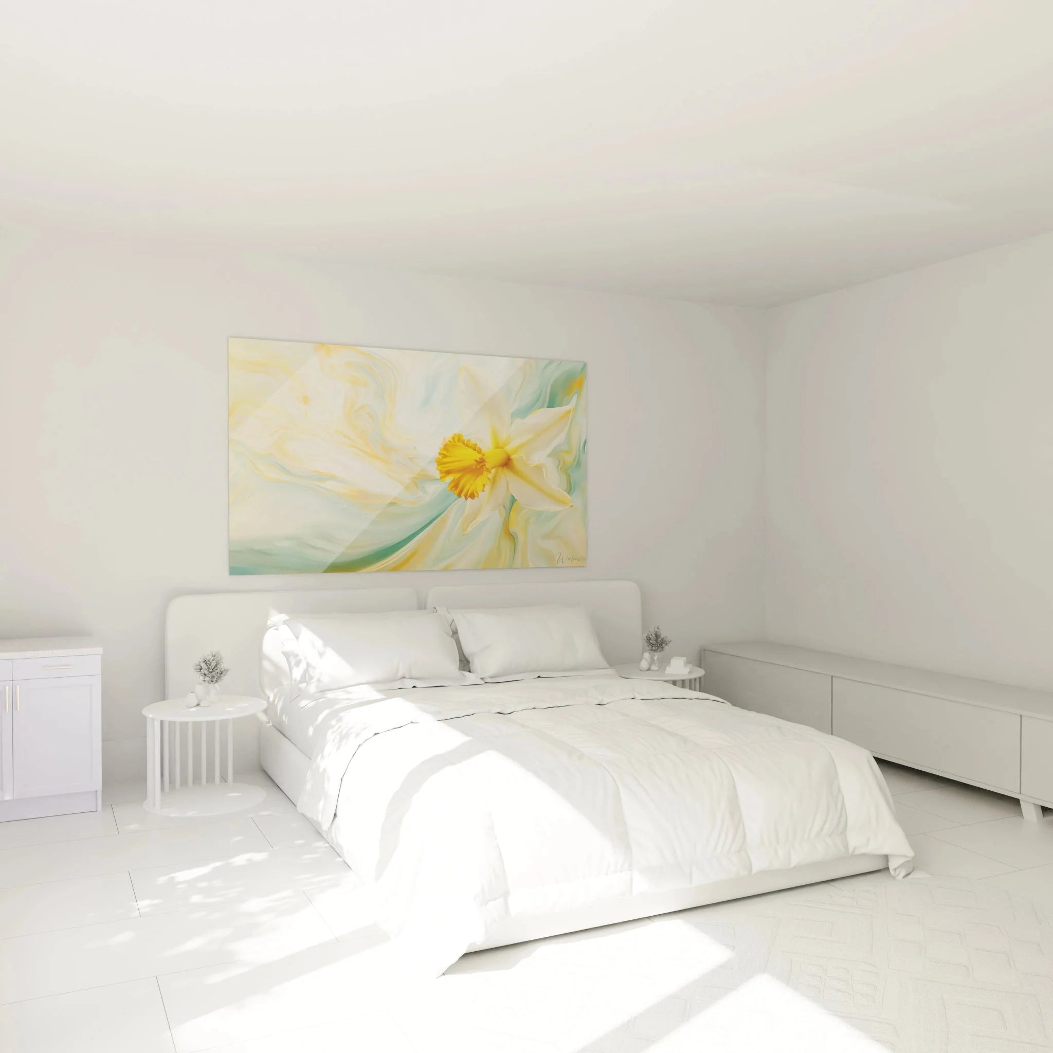 Narzissen Wandbild XXL in Schlafzimmer Ambiente, goldene Frühlingsblume als stilvolle Wanddekoration