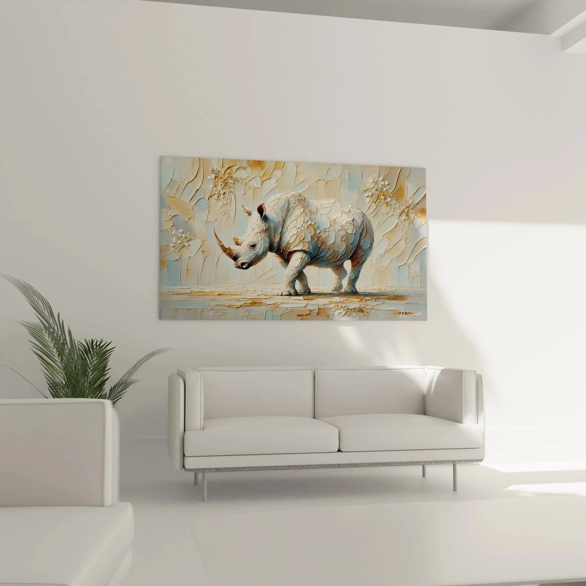 Nahaufnahme Wandbild Nashorn zeigt detaillierte Relief-Textur und kunstvolle Oberflächengestaltung