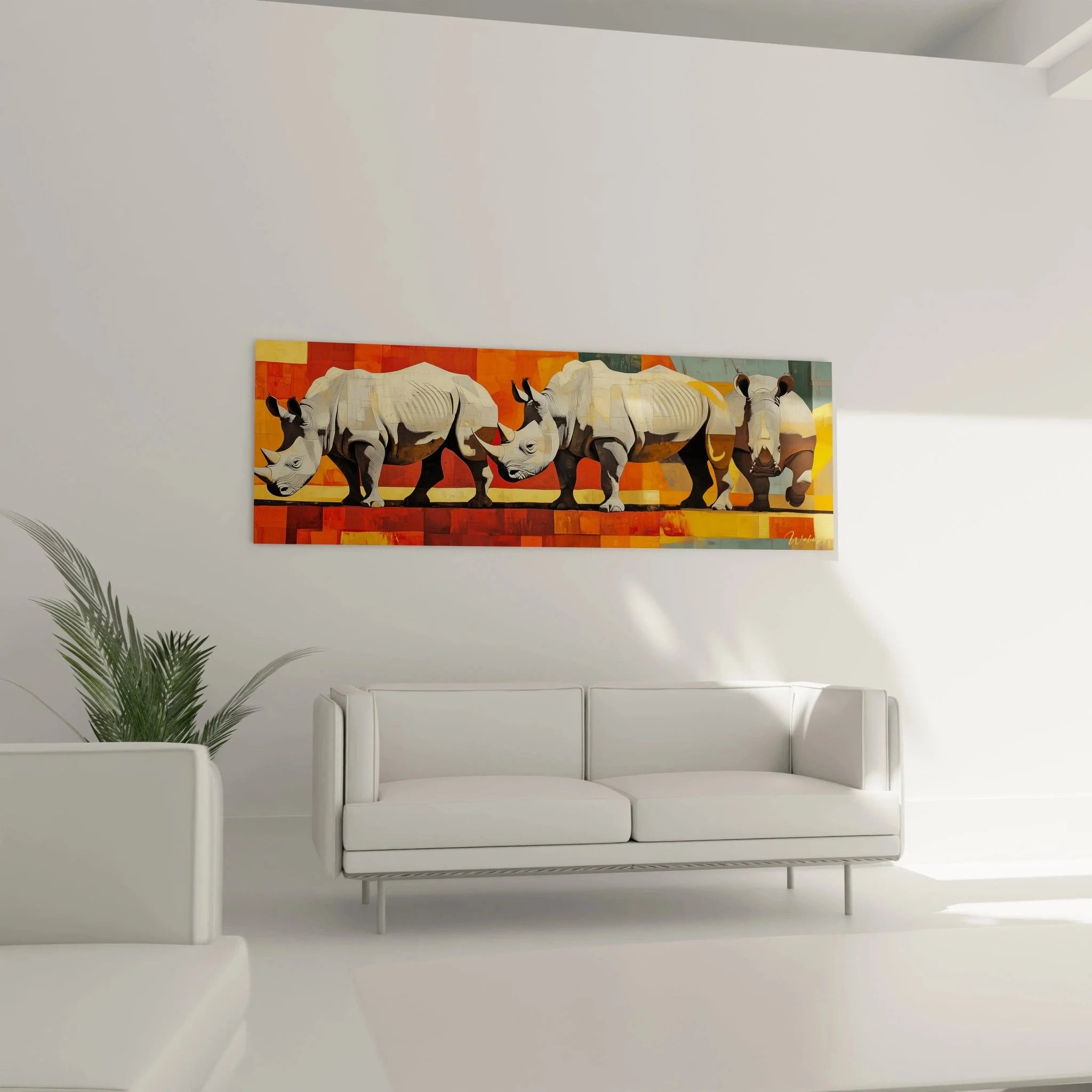 Detailansicht Nashorn Wandbild - realistische Tierdarstellung mit abstraktem Hintergrund
