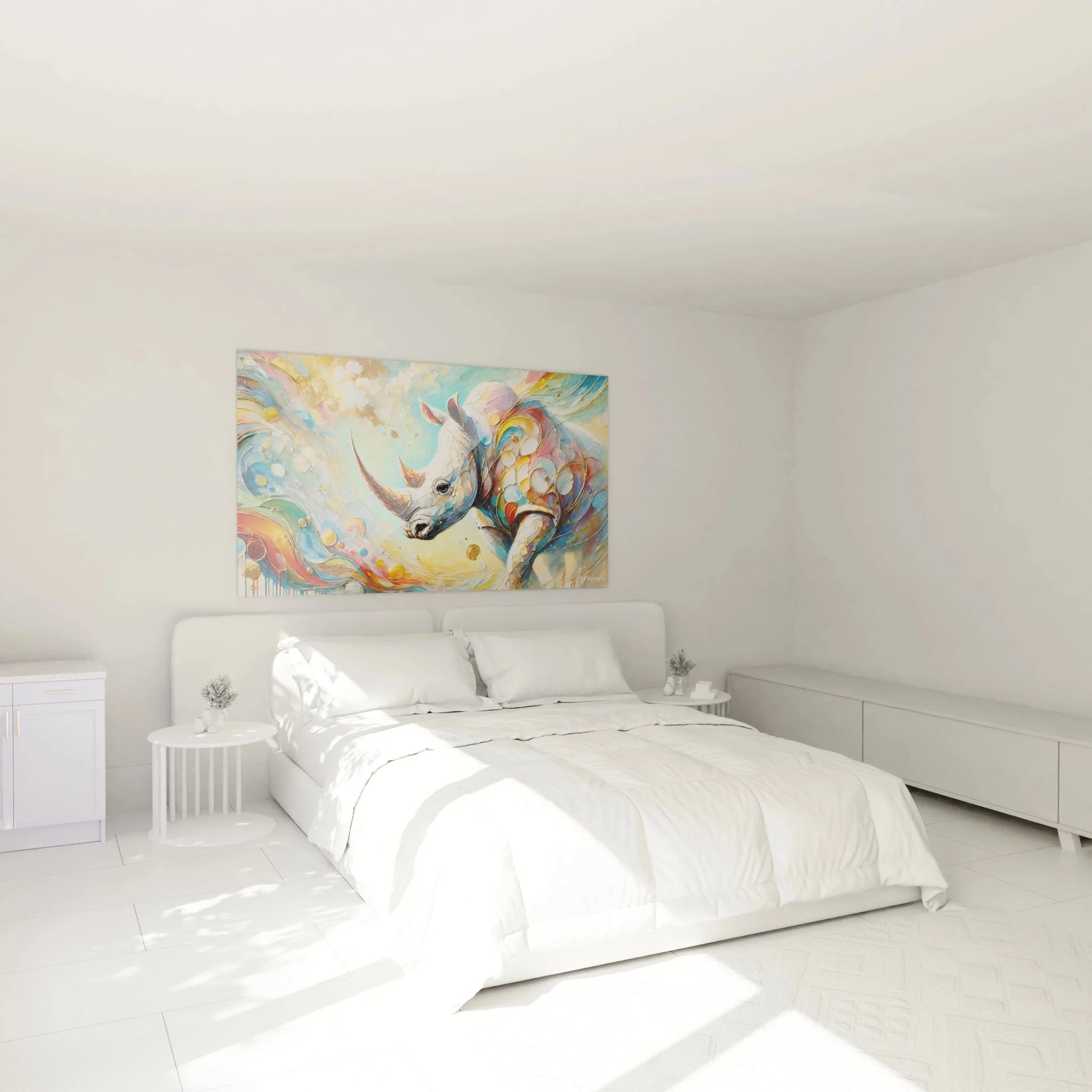 Wandbild Nashorn abstrakt im Schlafzimmer aufgehängt, zeigt bunte Kunstwerk Dekoration an weißer Wand