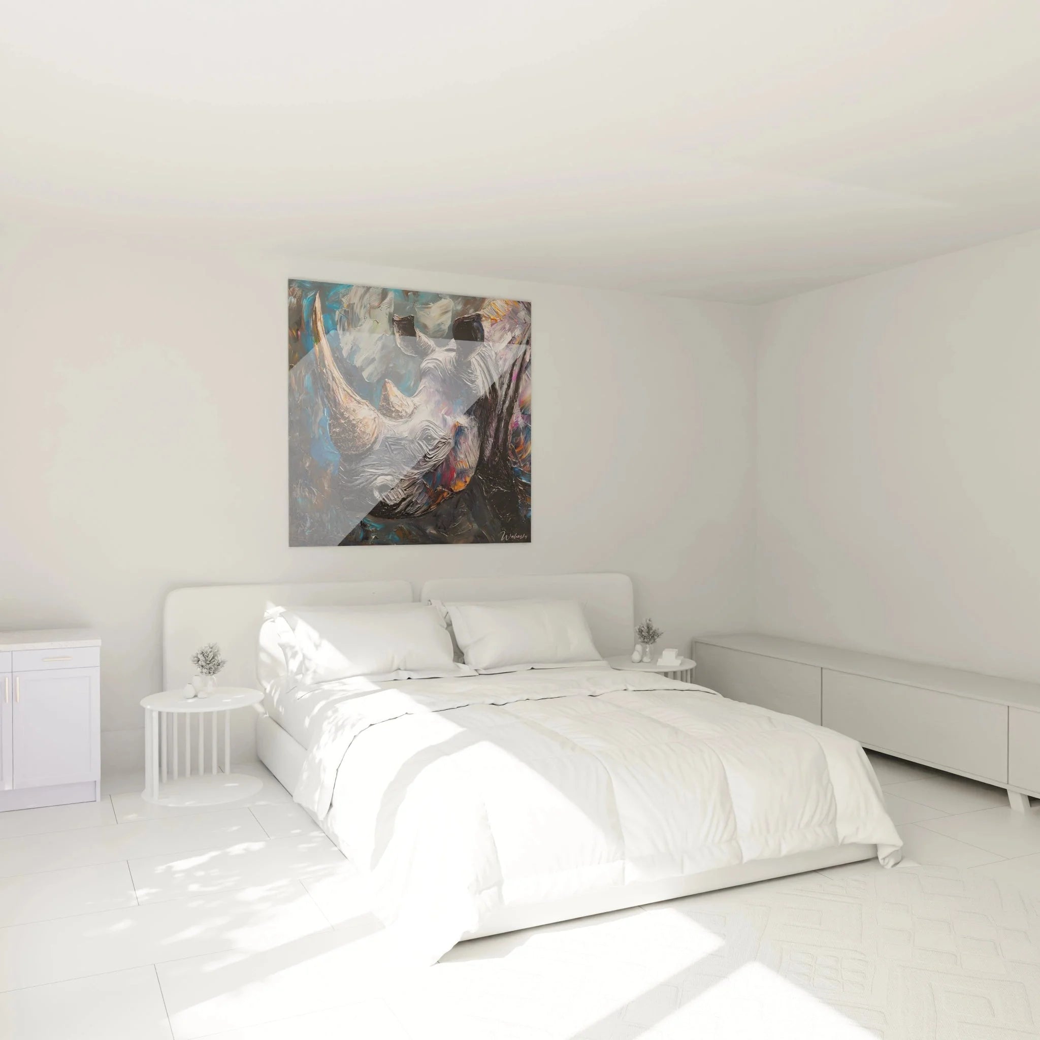 Modernes Nashorn Wandbild im Schlafzimmer - expressionistische Tiermalerei als stilvolle Wanddekoration