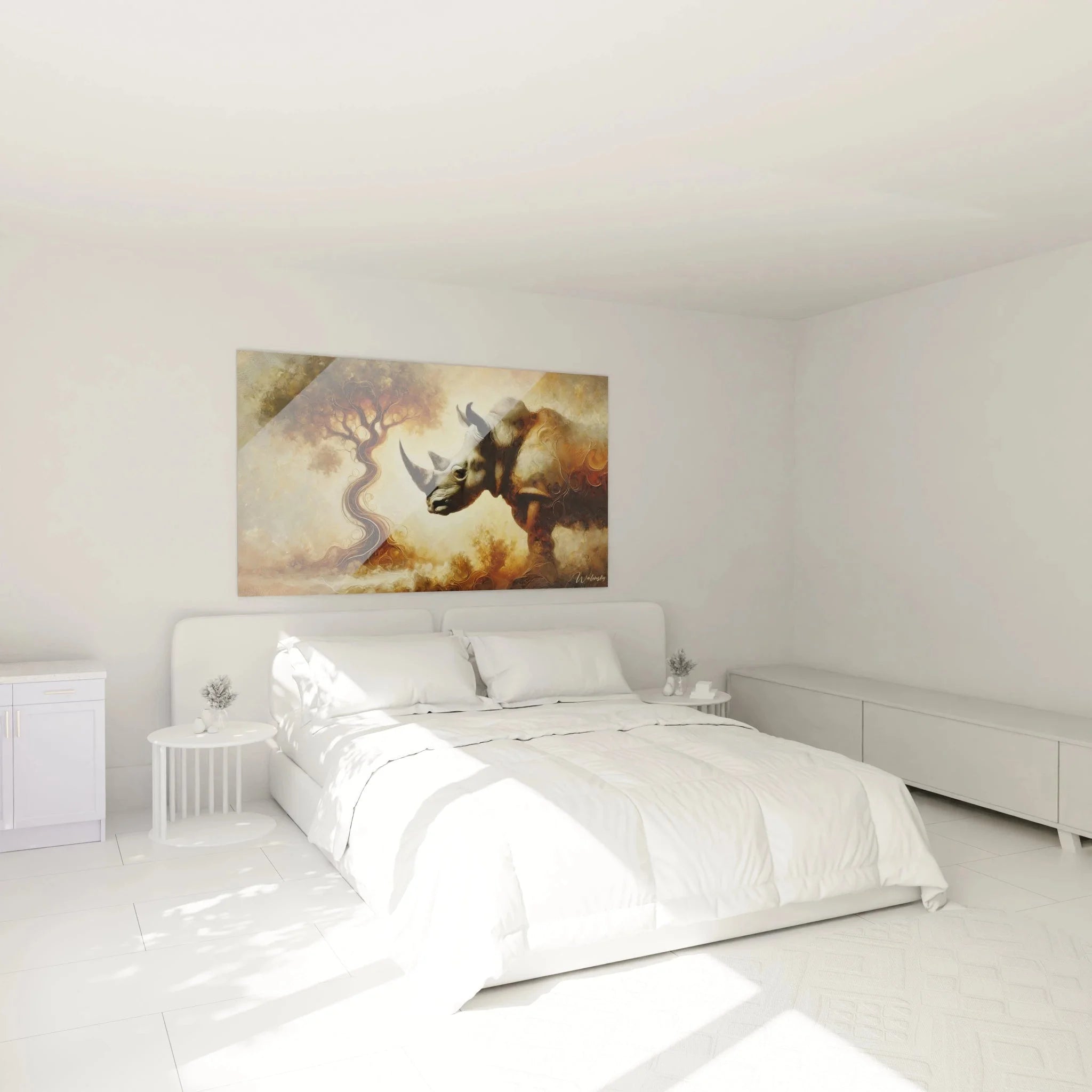 Nashorn Wandbild XXL in modernem Schlafzimmer - mystische Kunst mit warmen Goldtönen