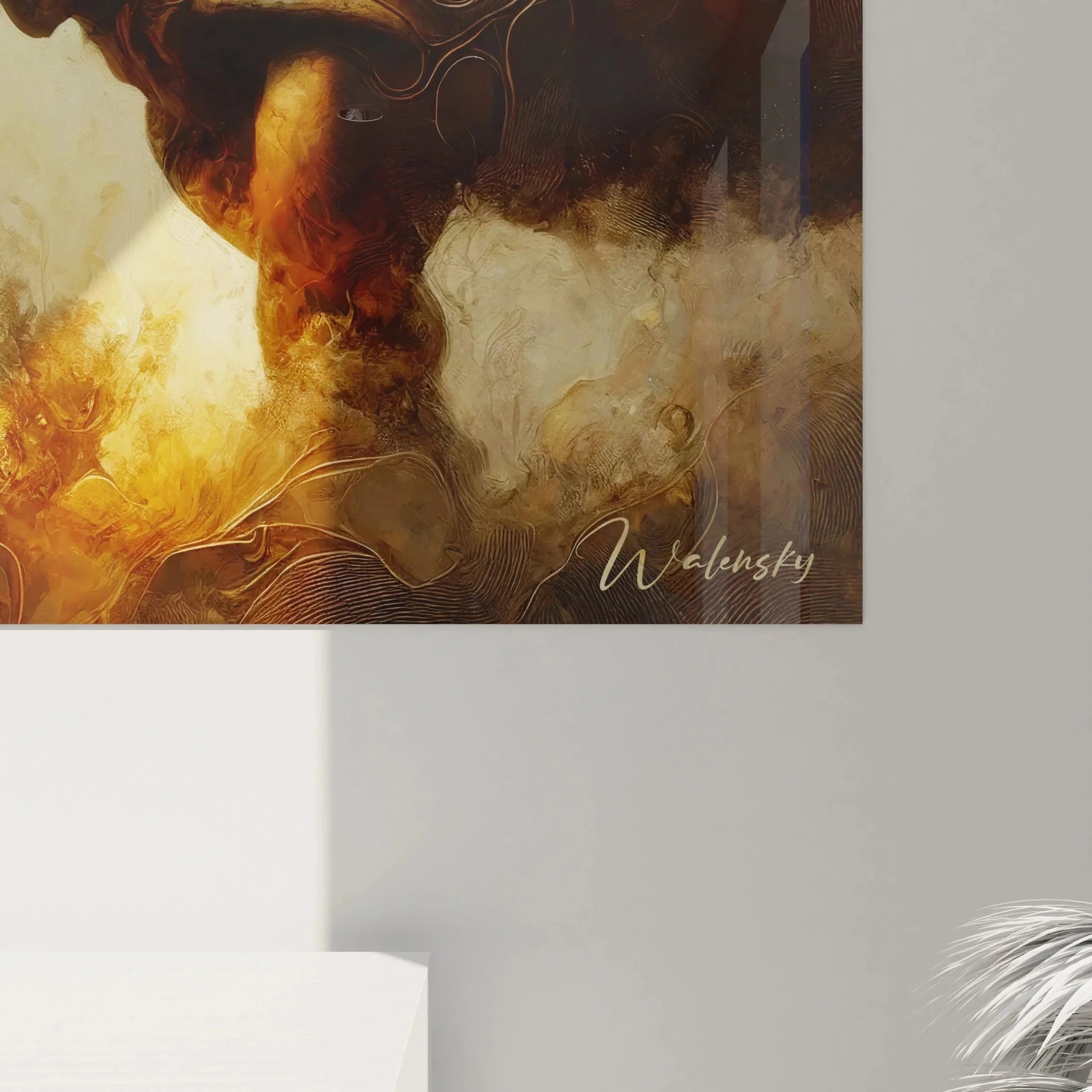 Gesamtansicht mystisches Nashorn Wandbild mit schwebenden Wolkenformationen und Spiralmustern