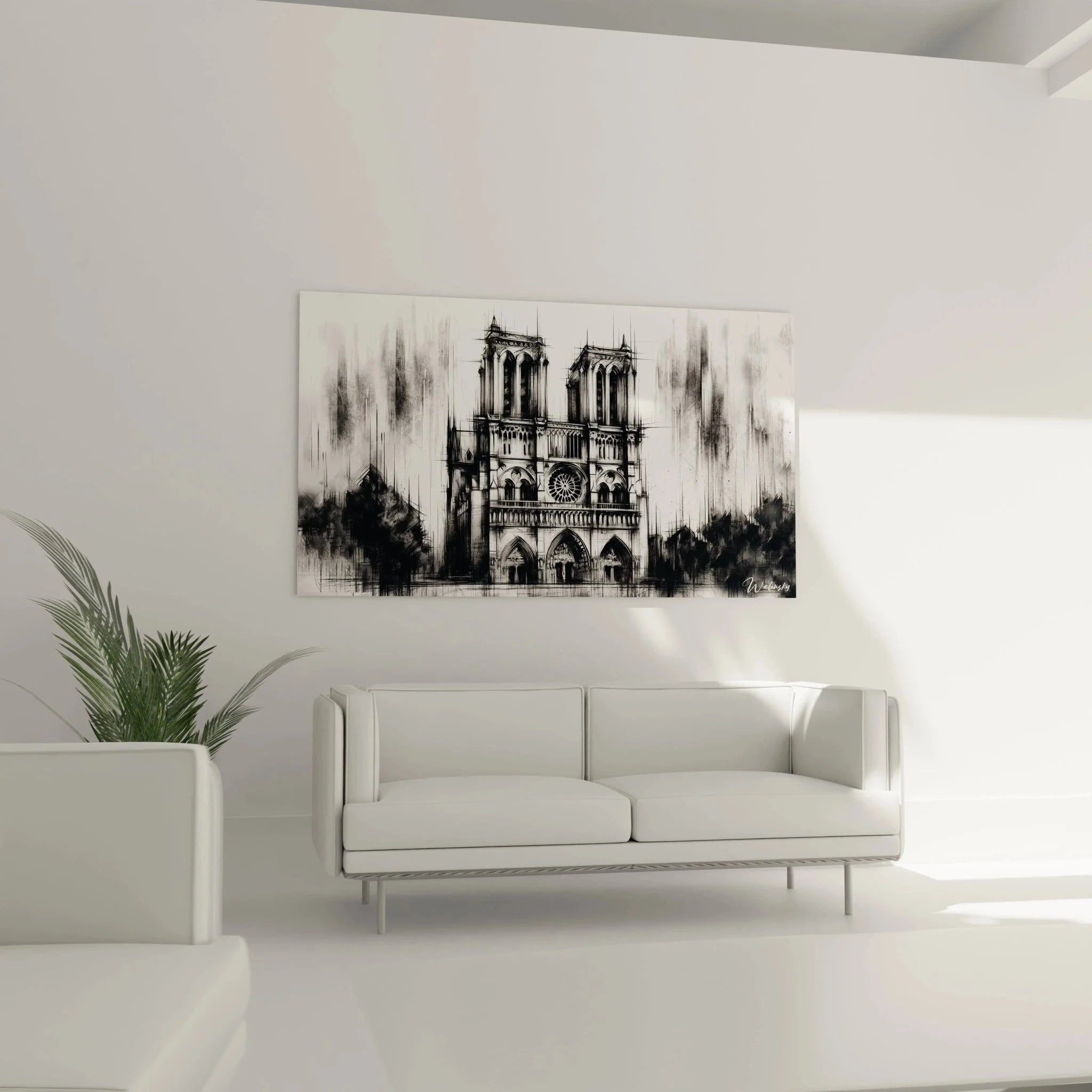 Detailansicht Notre-Dame Wandbild mit gotischen Bögen und Rosette in künstlerischer Schwarz-Weiß Interpretation