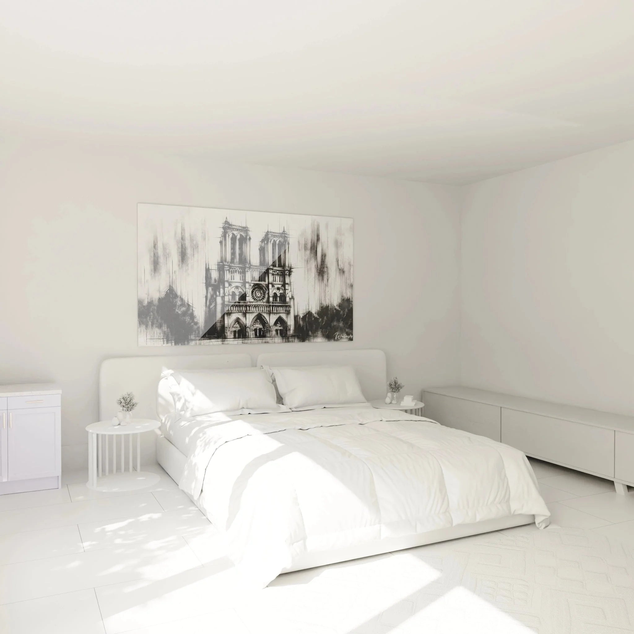 Notre-Dame Wandbild XXL im Schlafzimmer, elegante Paris Wanddeko in monochromer gotischer Darstellung