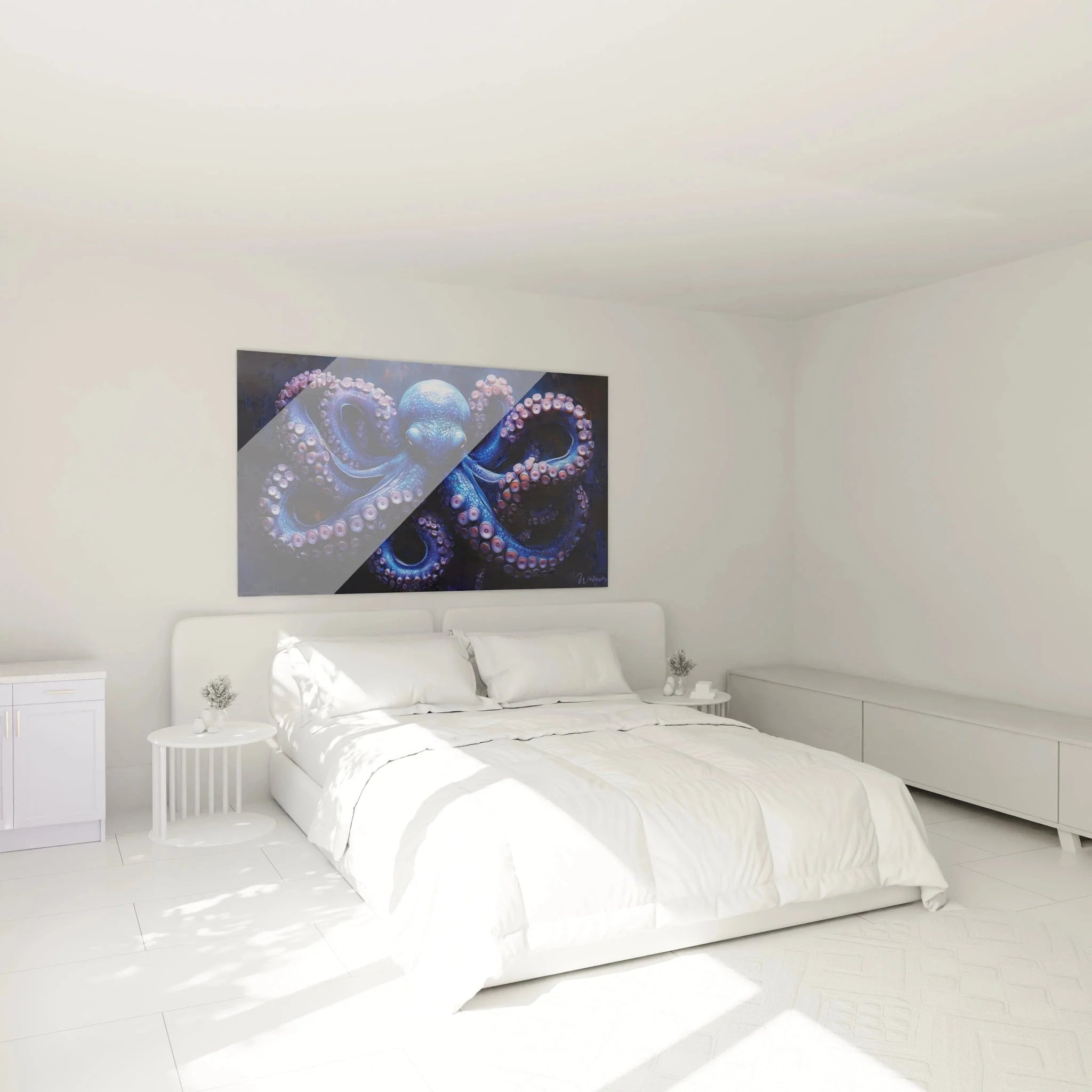 Oktopus Wandbild in blau als Schlafzimmer Dekoration über dem Bett mit stimmungsvoller Beleuchtung