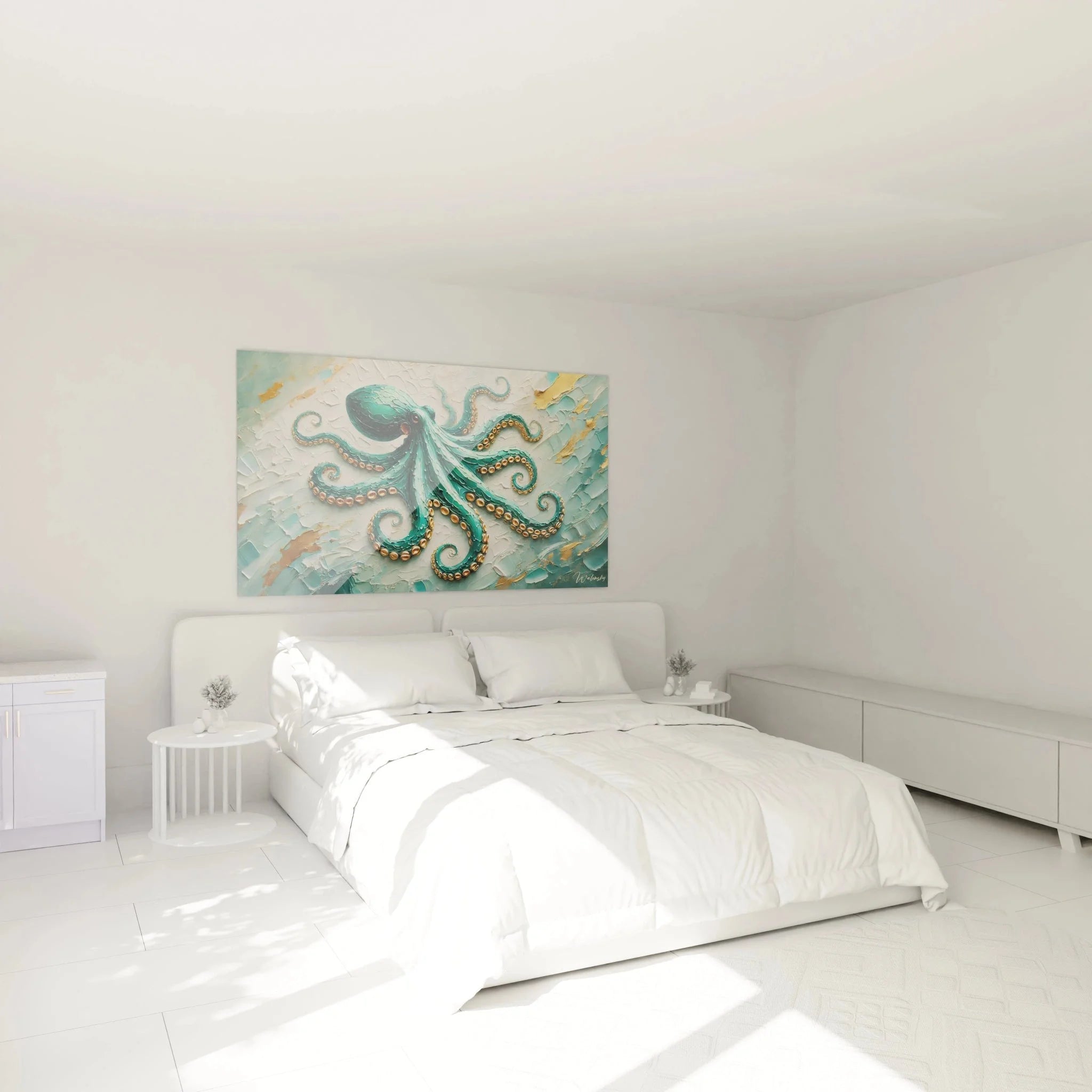 Oktopus Wandbild in türkis-gold in modernem Schlafzimmer als maritime Wanddekoration über dem Bett
