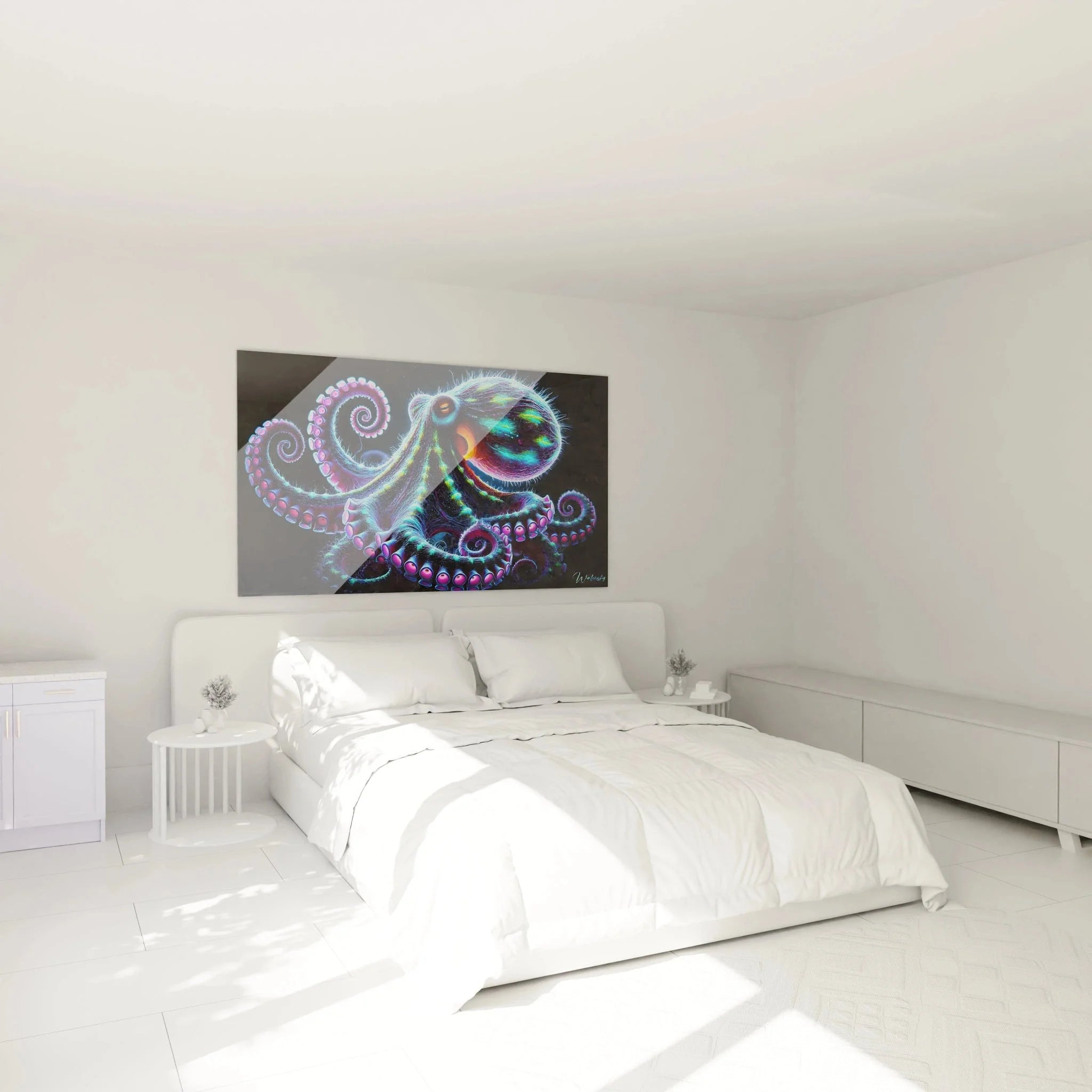 Oktopus Wandbild Neon in modernem Schlafzimmer als stilvolle Meerestiere Dekoration