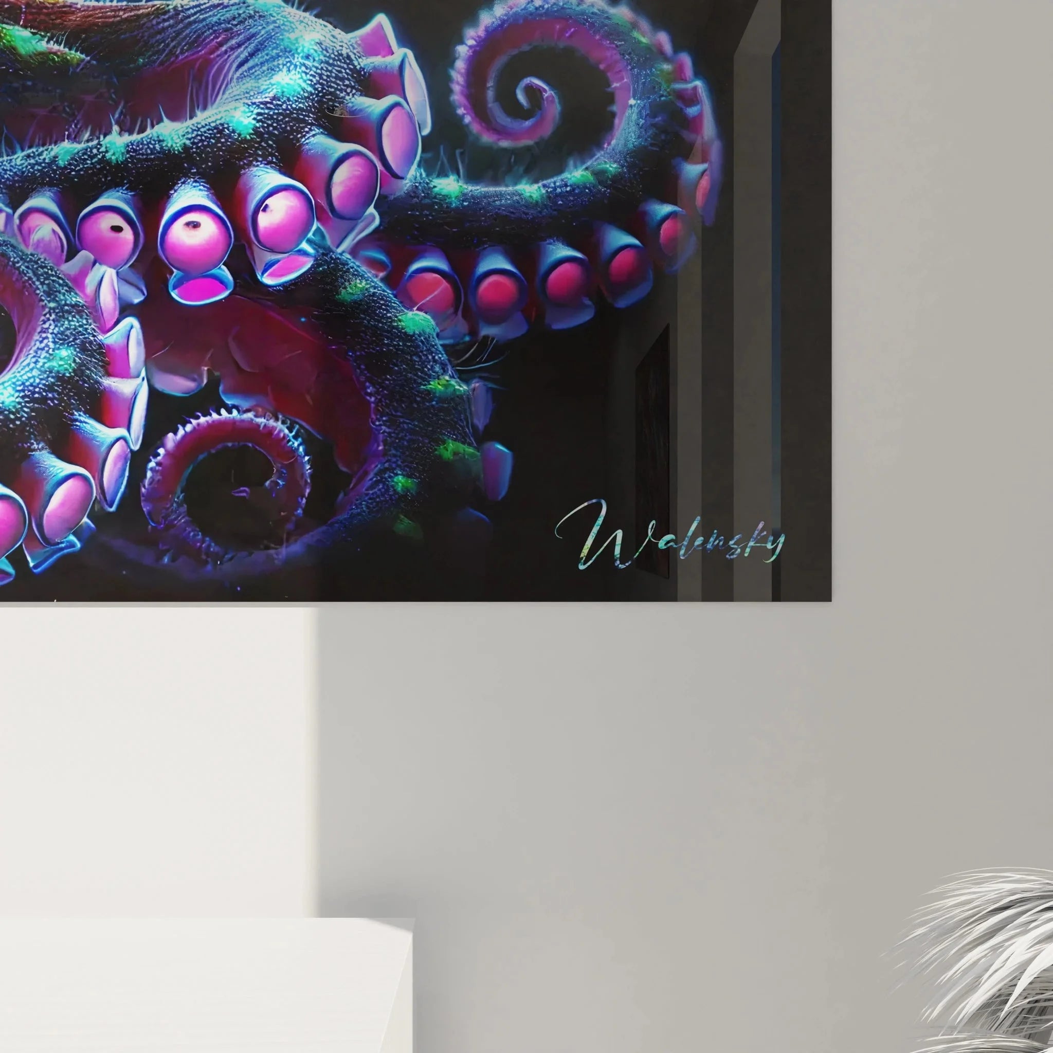 Gesamtansicht modernes Oktopus Wandbild XXL in spektakulären Blau- und Violetttönen