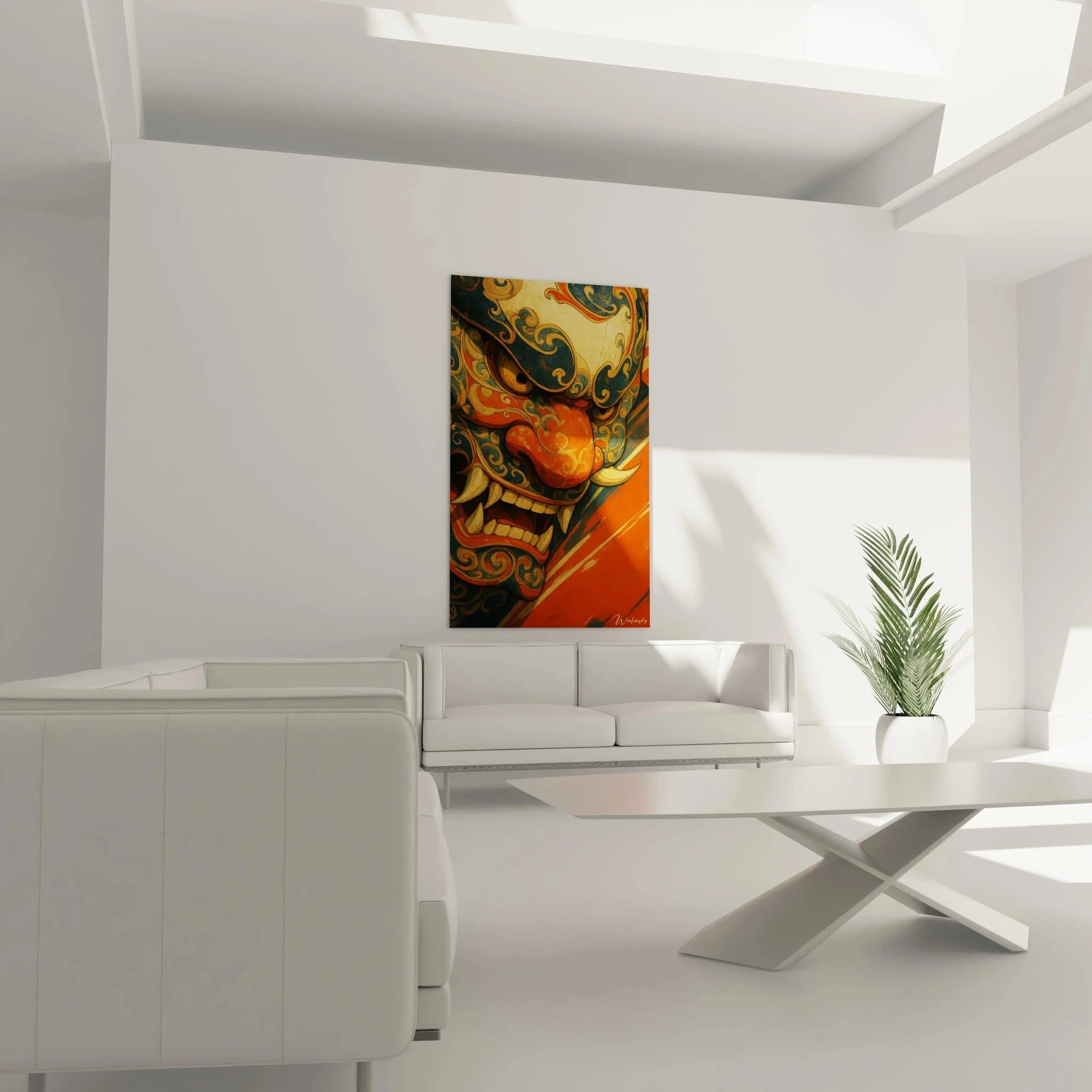 Detailansicht Oni Dämonenmaske - Kunstvolle Verzierungen und Farbgebung der japanischen Wandkunst