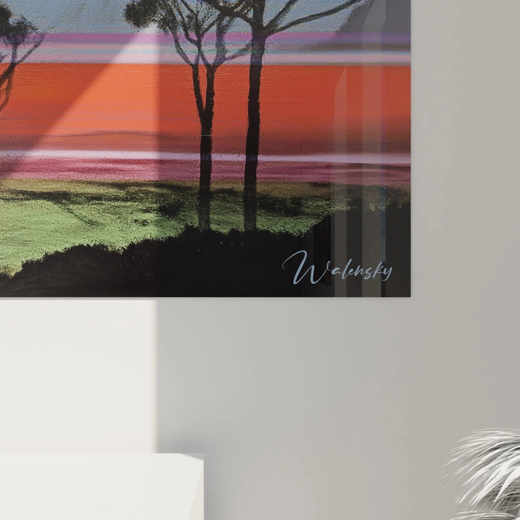 Gesamtansicht Op Art Wandbild Landschaft mit horizontalen Farbstreifen und Savannenbäumen, XXL Format