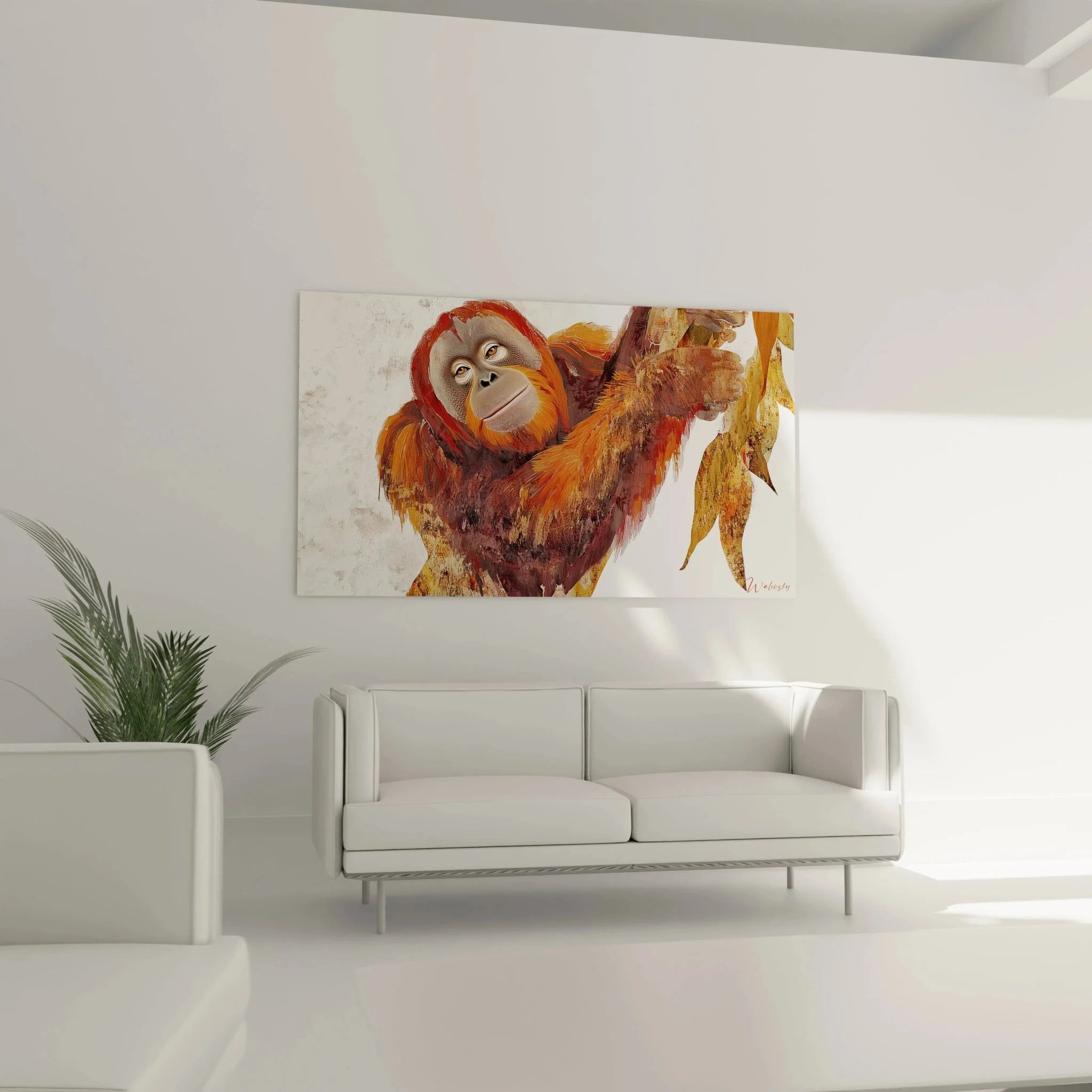 Detailansicht Orang-Utan Wandbild, ausdrucksstarke Augen und realistische Fellstruktur im Kunstdruck