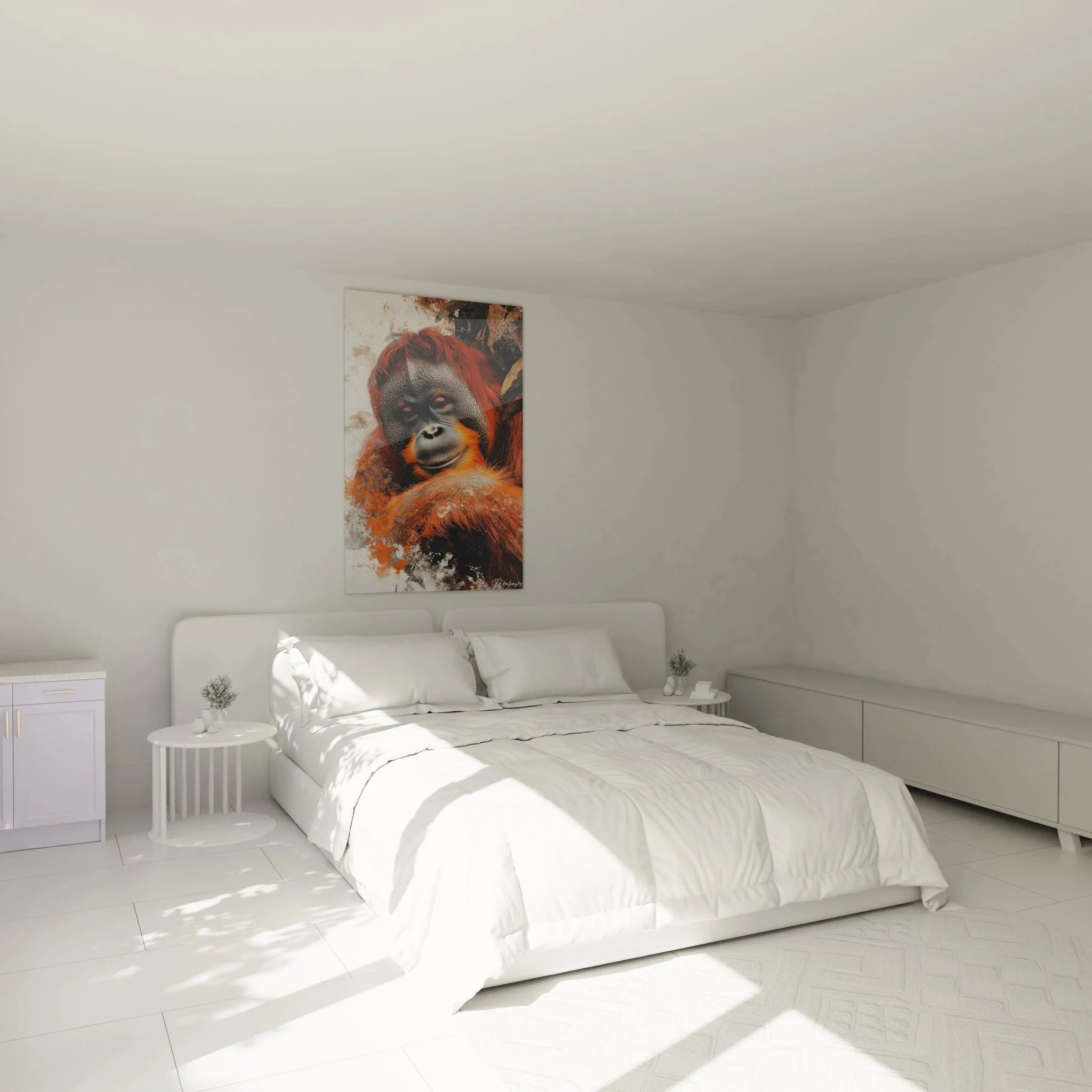 Orang-Utan Wandbild XXL in modernem Schlafzimmer als stilvolle Wanddekoration montiert