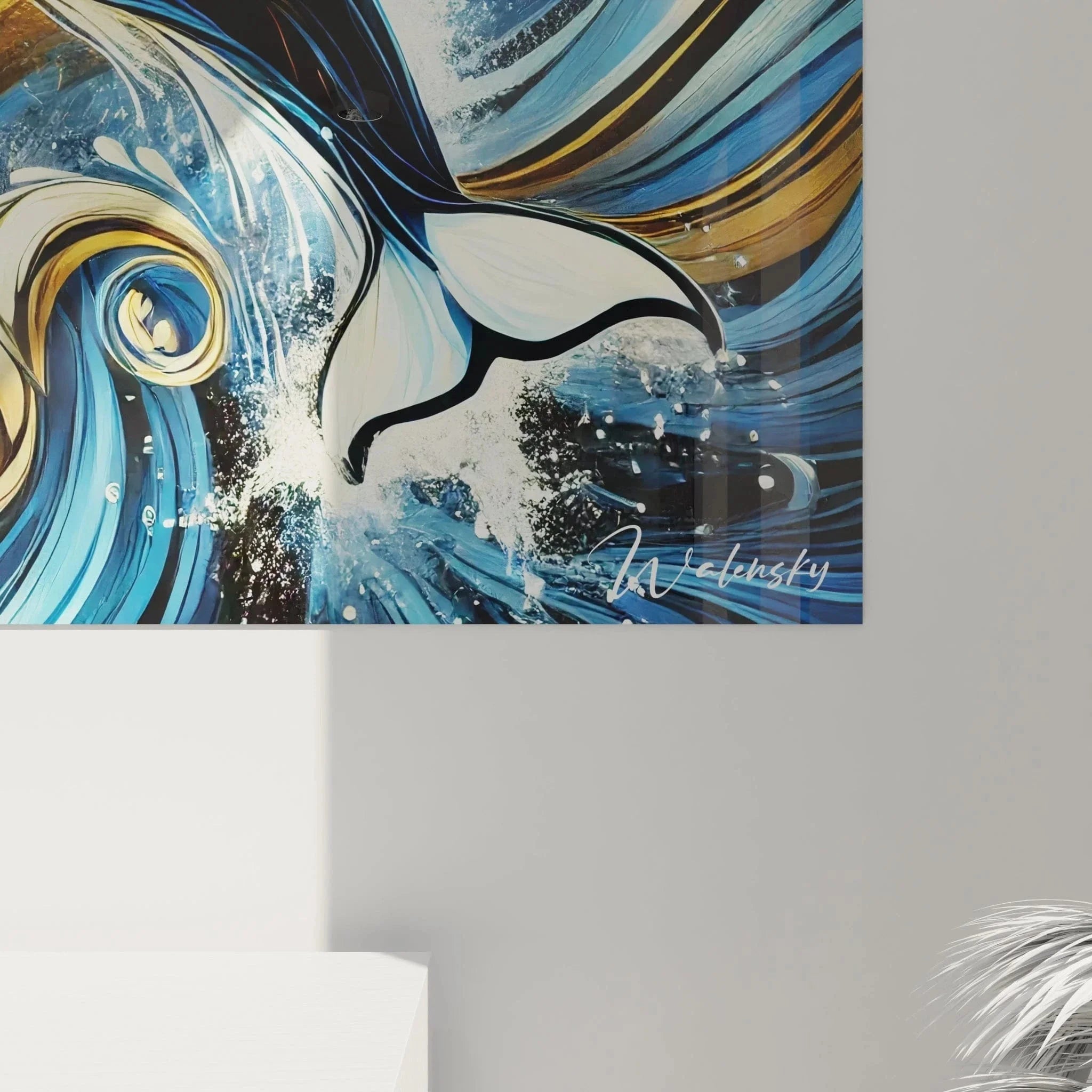 Gesamtansicht moderne Orca Leinwand Kunst mit dynamischen Meereswellen - Wanddekoration