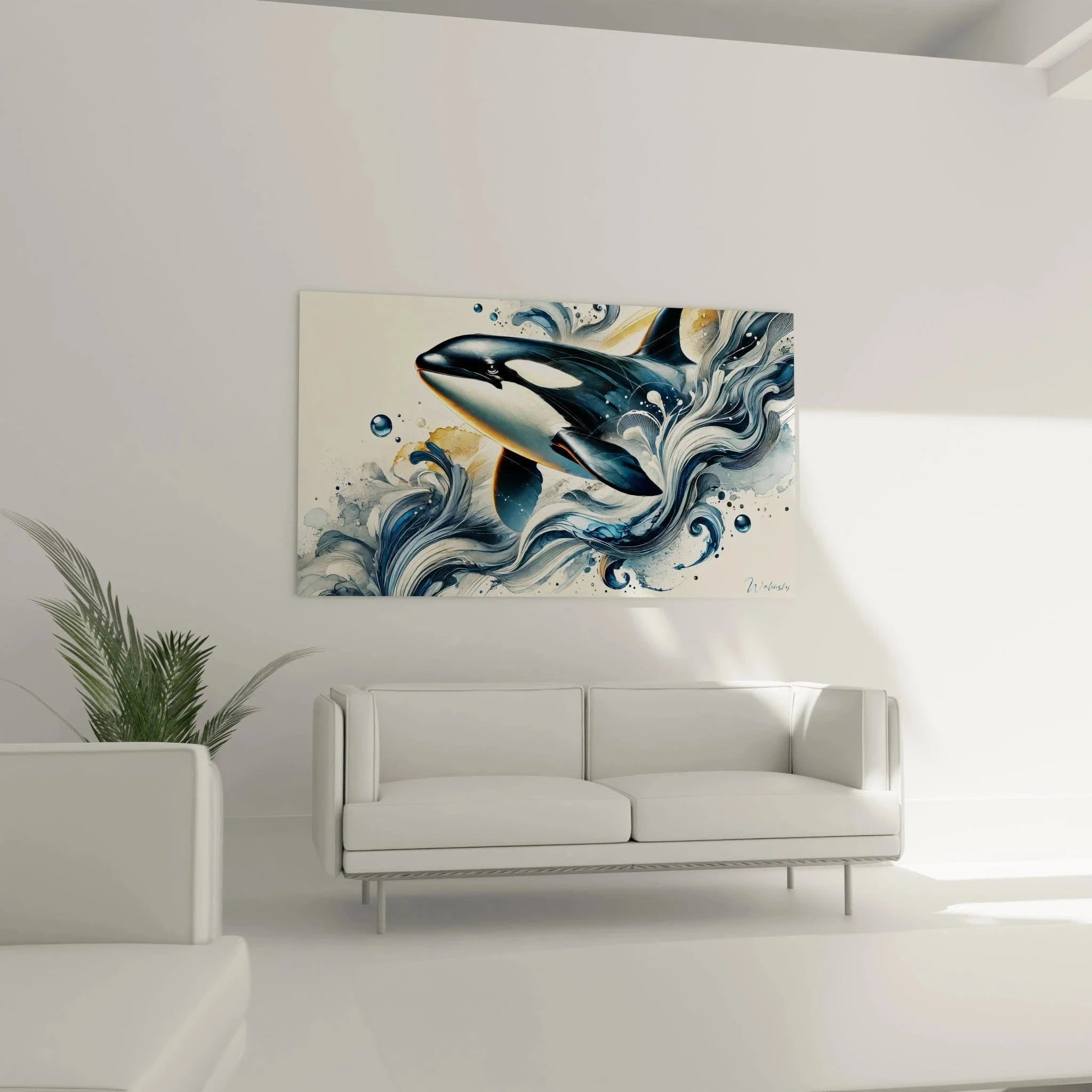 Detailansicht Wandbild Orca - Nahaufnahme der künstlerischen Wasserwellen und Schwertwal Darstellung
