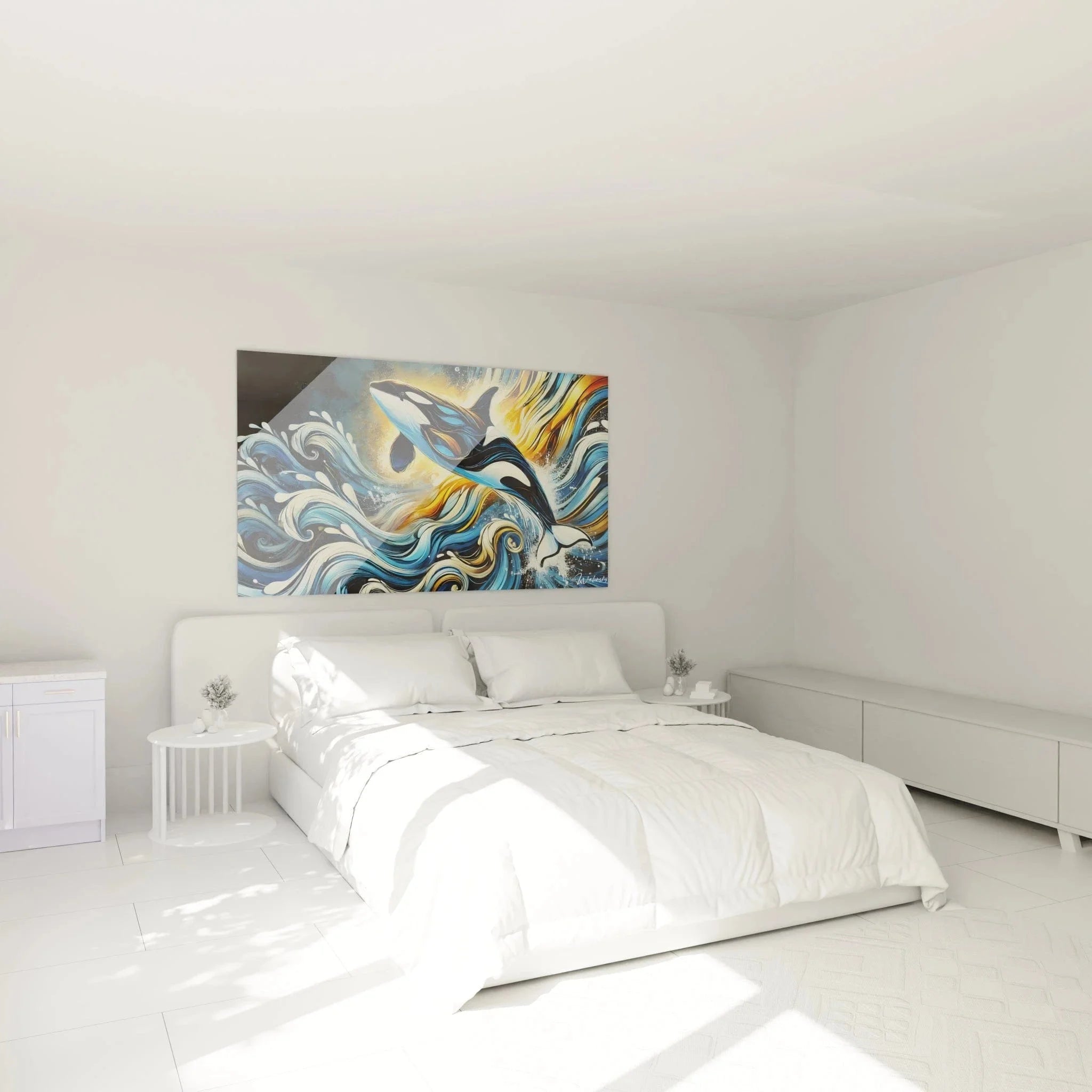 Orca Wandbild XXL über dem Bett im Schlafzimmer - elegante maritime Wanddekoration