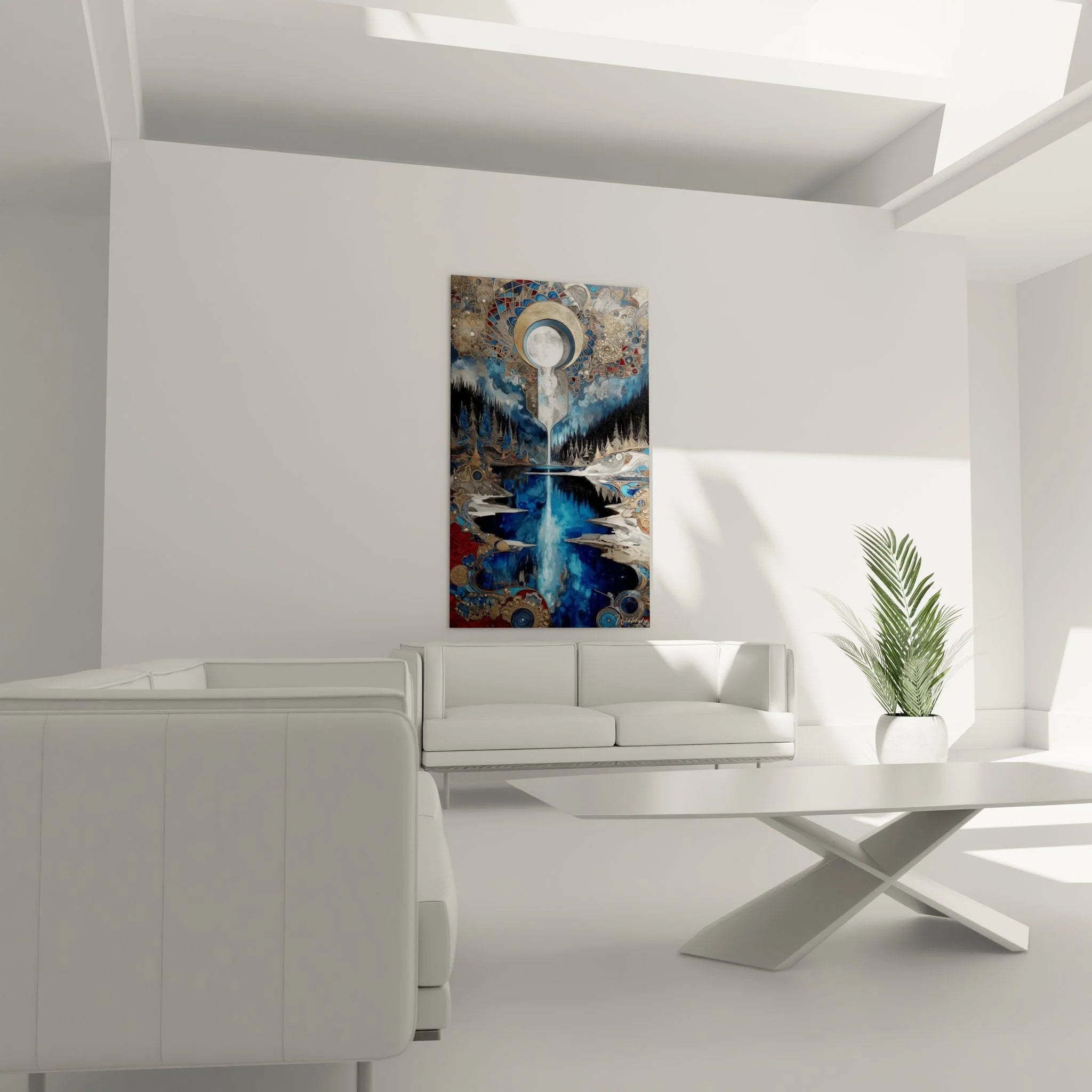 Detailansicht ornamentale Verzierungen am Wandbild Mondfall mit goldenen Mustern und Mondmotiv