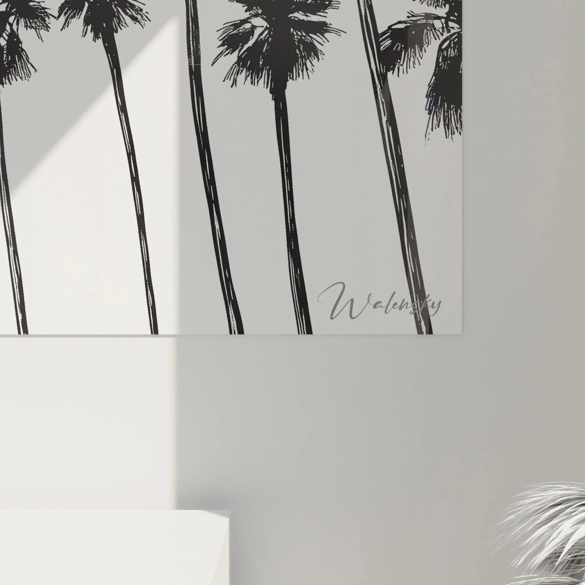 Gesamtansicht Palmen Wandbild Silhouetten kalifornischer Stil schwarz weiß tropische Wanddekoration