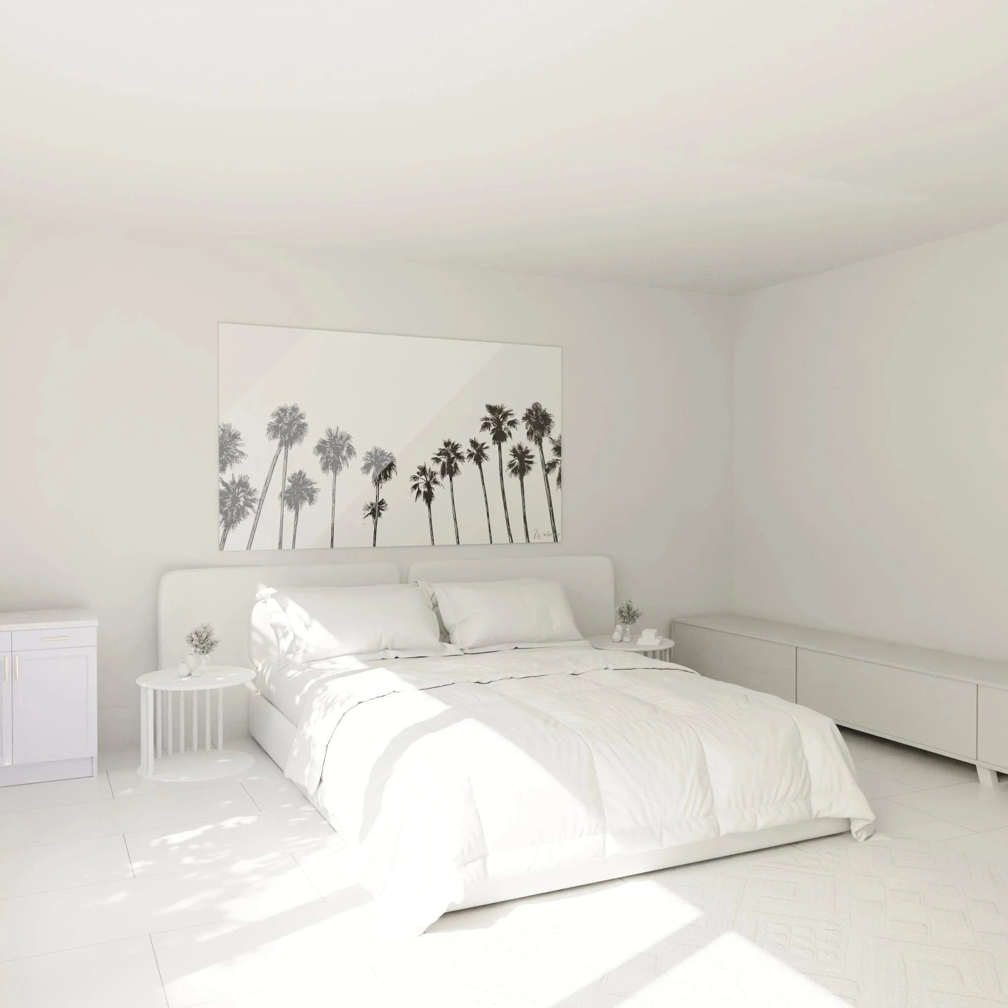 Palmen Wandbild im Schlafzimmer schwarz weiß Fotografie tropische Atmosphäre Wanddekoration