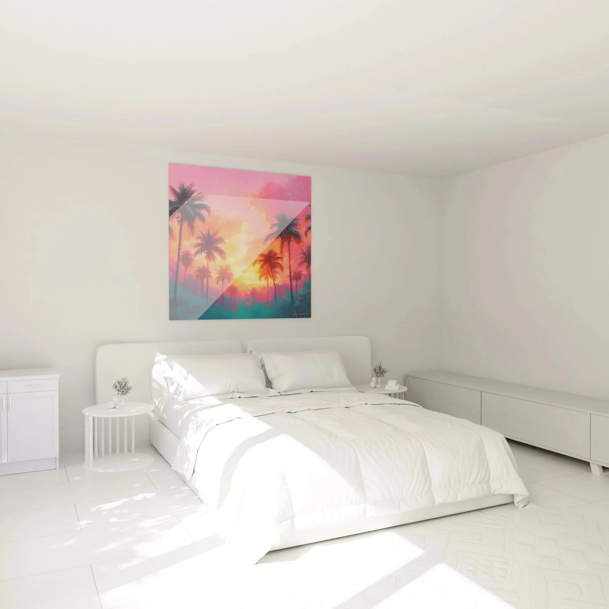 Tropisches Palmen Wandbild XXL Sonnenuntergang im Schlafzimmer als entspannende Wanddeko