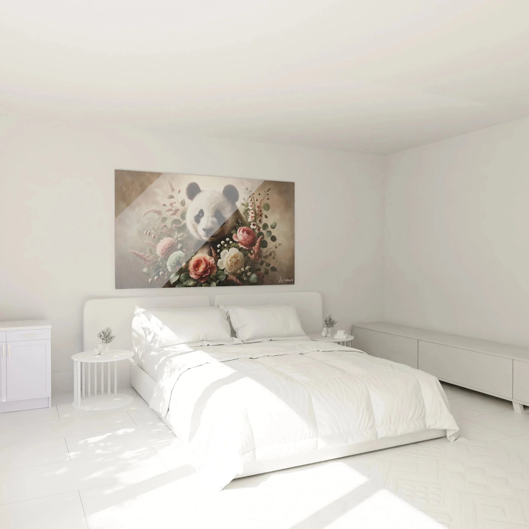 Panda Wandbild mit Blumen in modernem Schlafzimmer - Vintage Dekoration über dem Bett in warmen Farbtönen