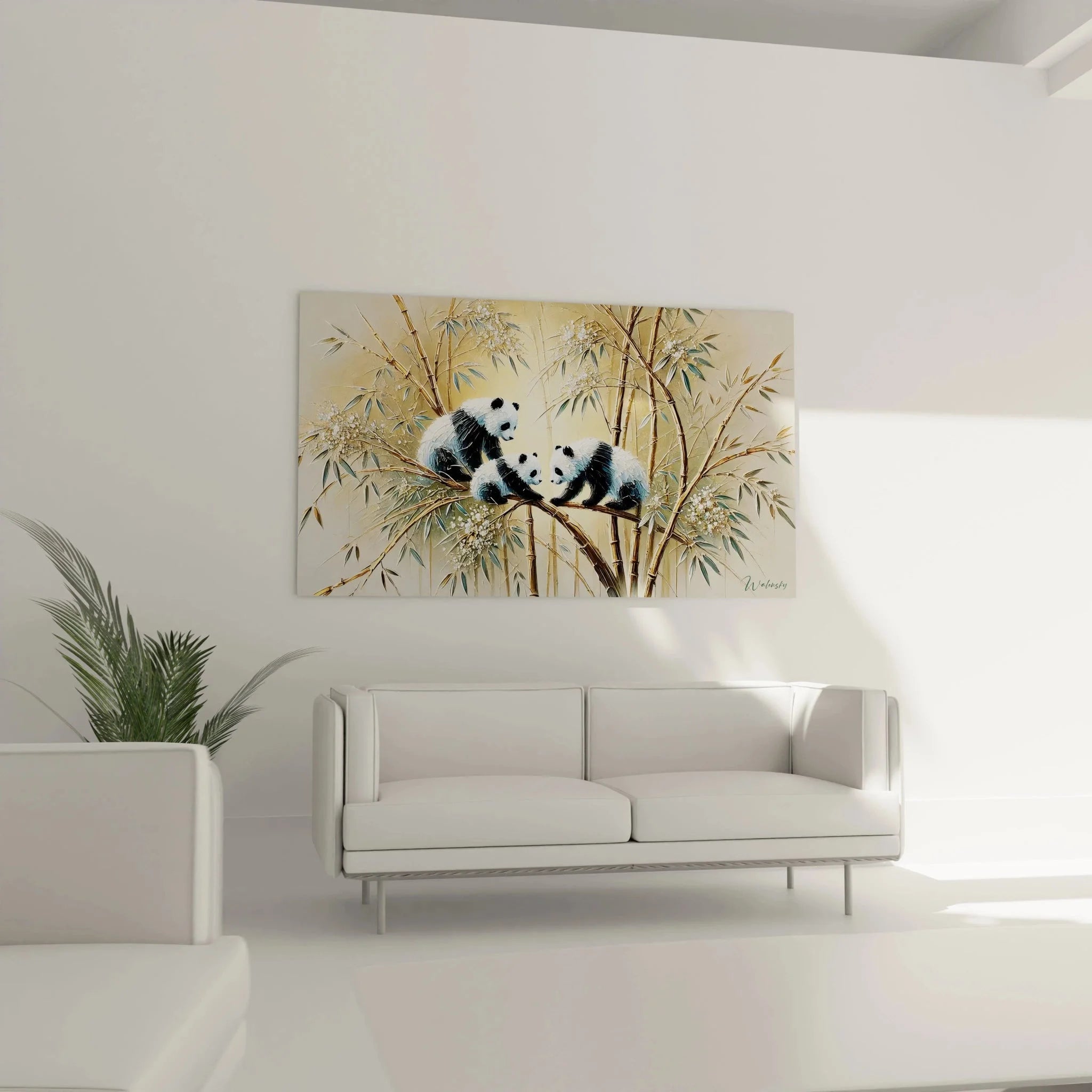 Detailaufnahme Pandas Wandbild - Kunstvolle Darstellung der Pandagesichter im Bambuswald