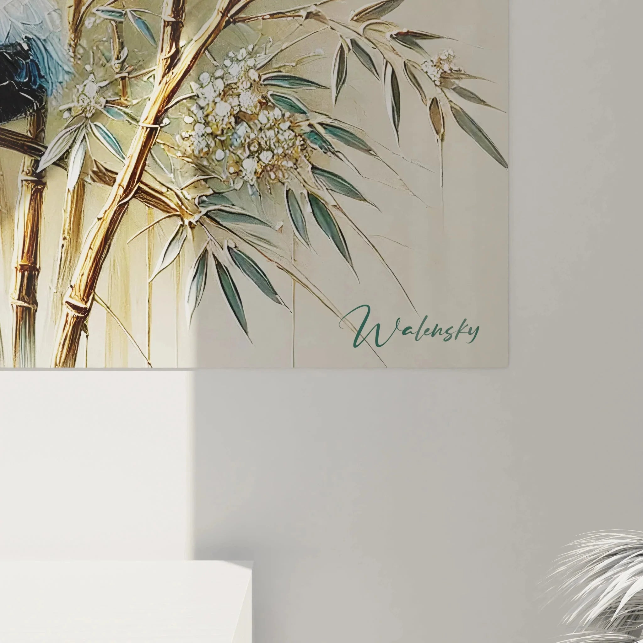 Gesamtansicht Pandas Wandbild - Vollständige Darstellung der Pandafamilie im goldenen Bambushain