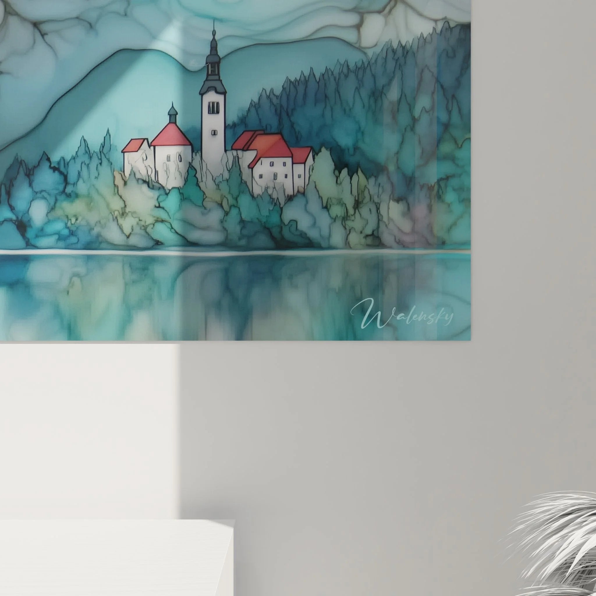 Gesamtansicht Alpensee Panorama Wandbild, malerische Berglandschaft mit Kirche und Bergsee