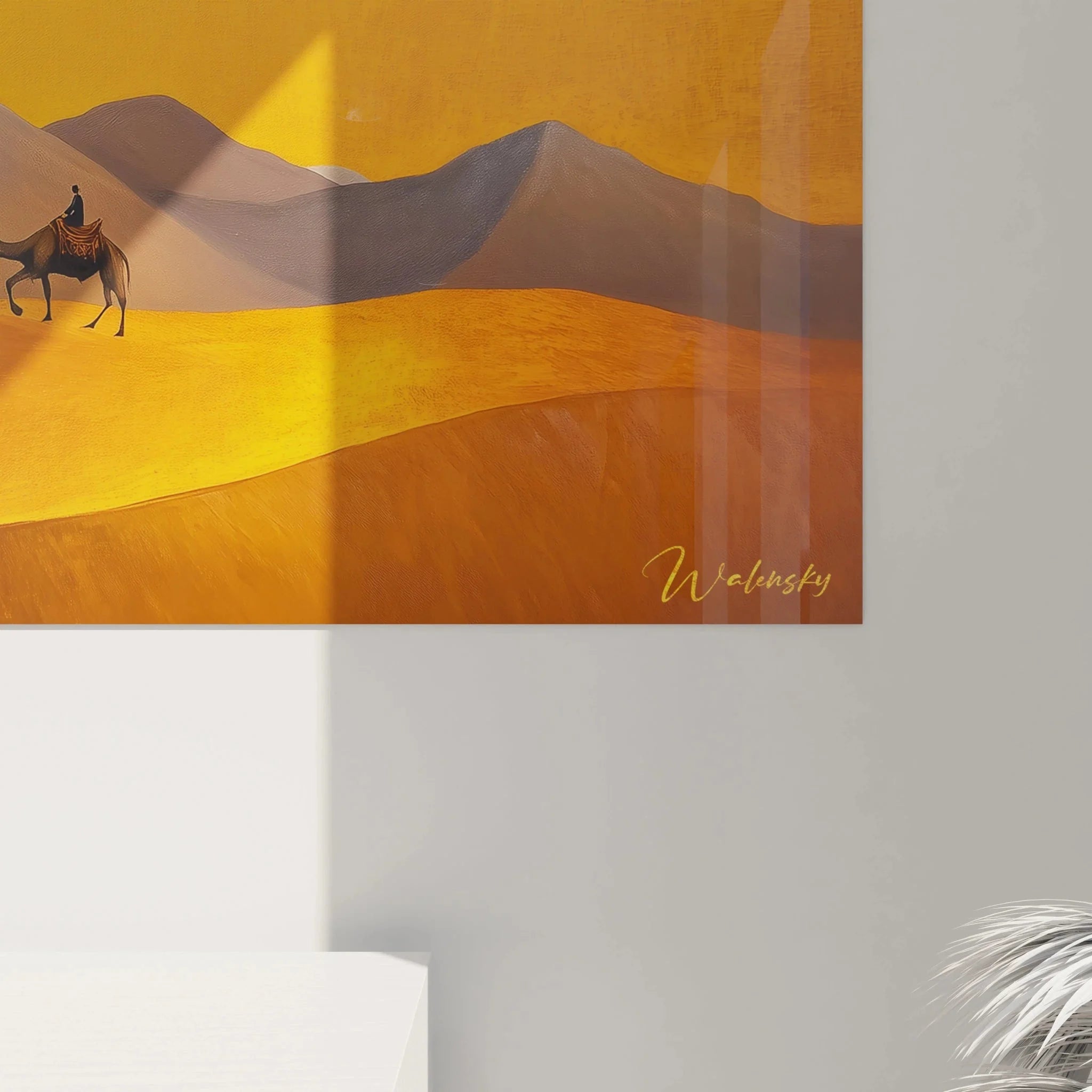 Gesamtansicht Wandbild Kamelkarawane Panorama Format mit goldener Sahara Wüstenlandschaft