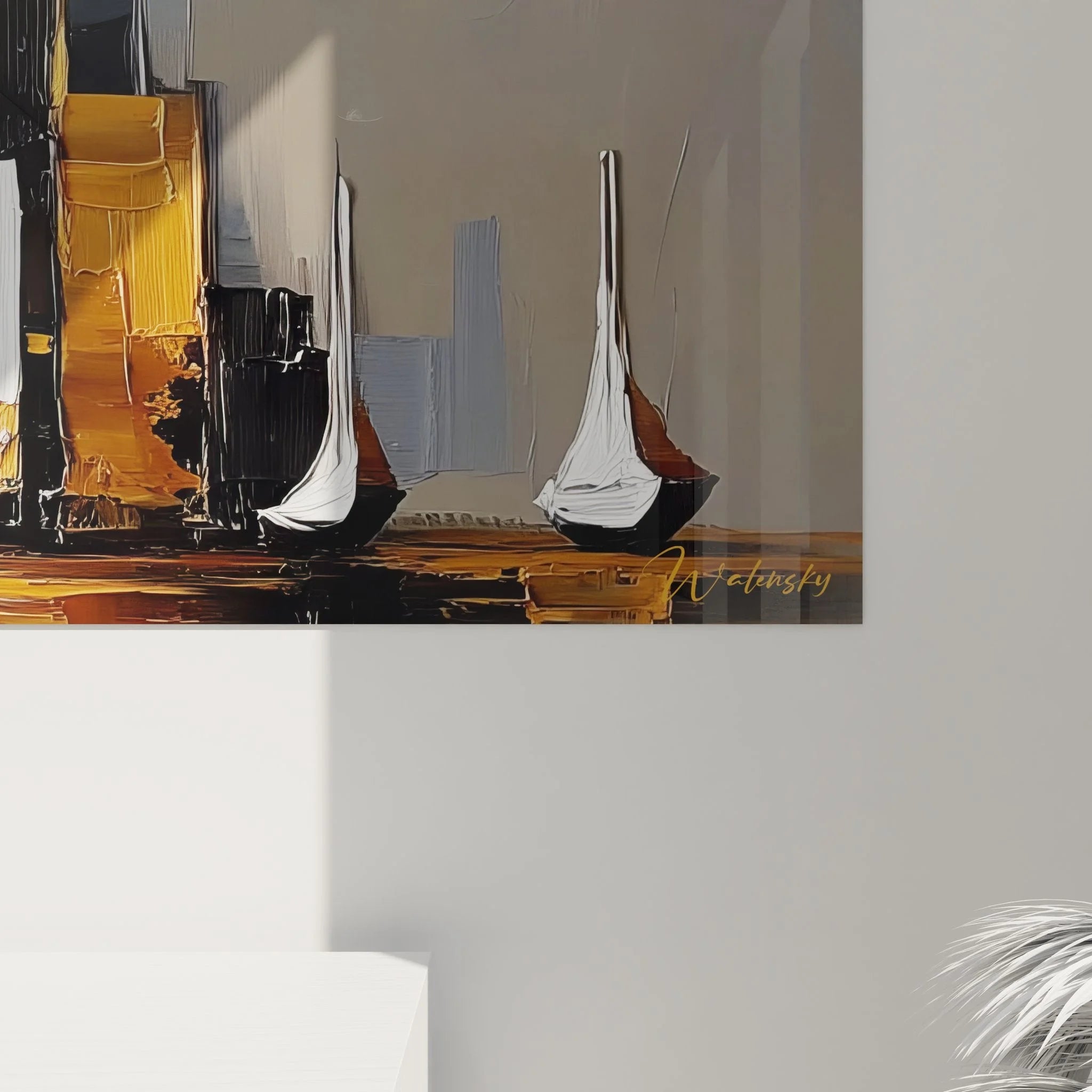 Panorama Wandbild moderne Metropole Skyline mit Segelbooten im Querformat