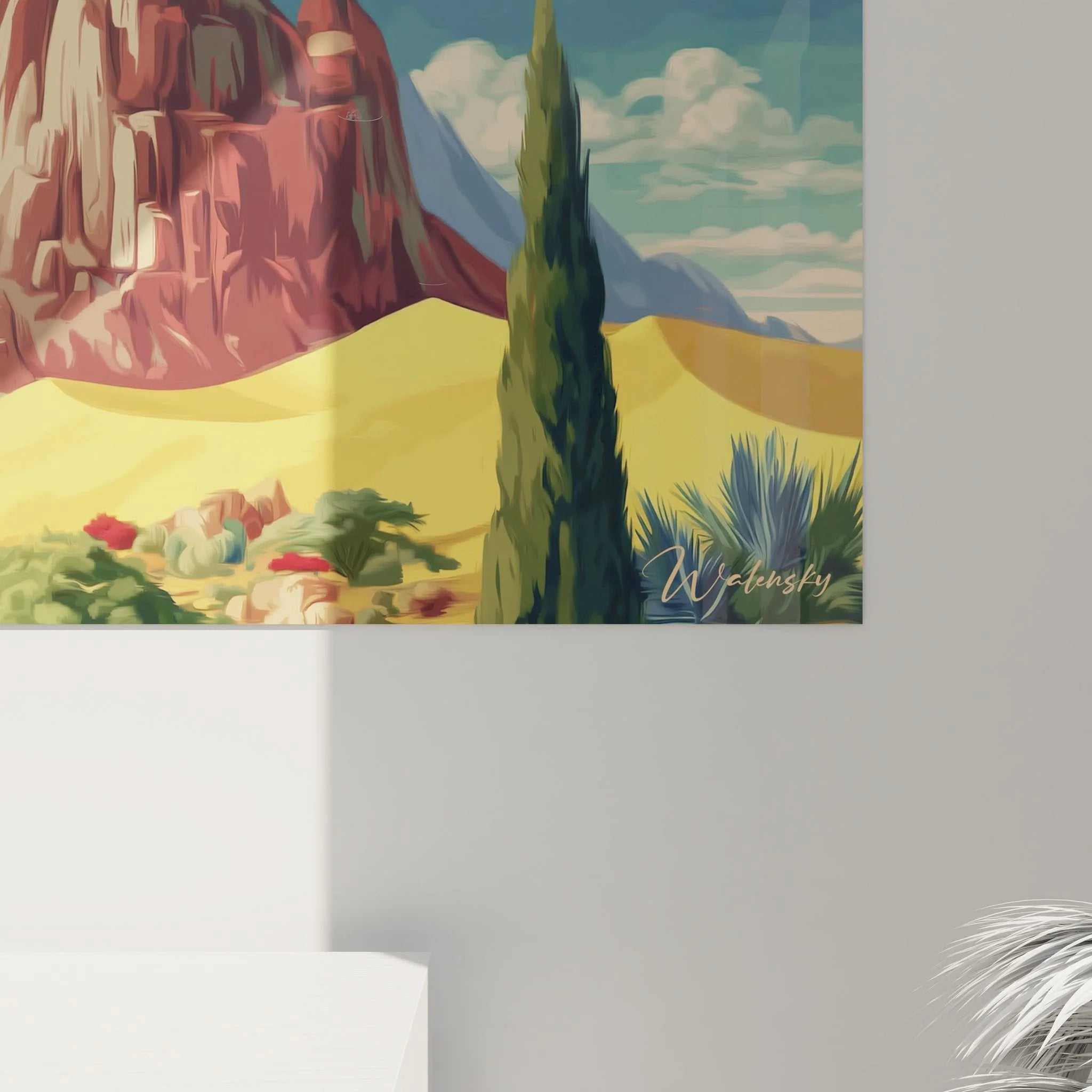 Gesamtansicht des Panorama Wandbildes Wüstenlandschaft mit Felsformationen und Wasser in Wohnraumambiente