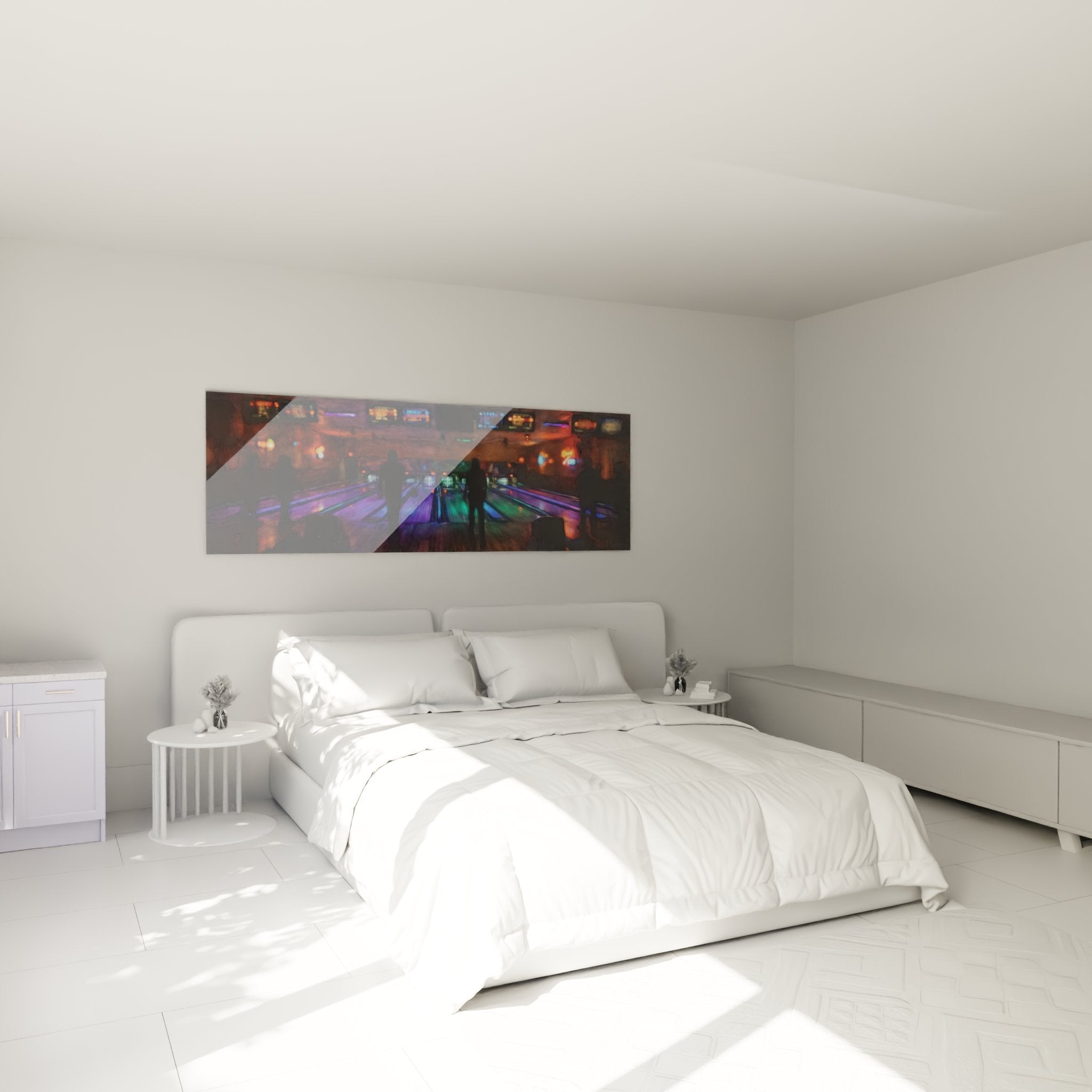 Bowling Neonlichter Wandbild als stilvolle Dekoration im modernen Schlafzimmer-Ambiente