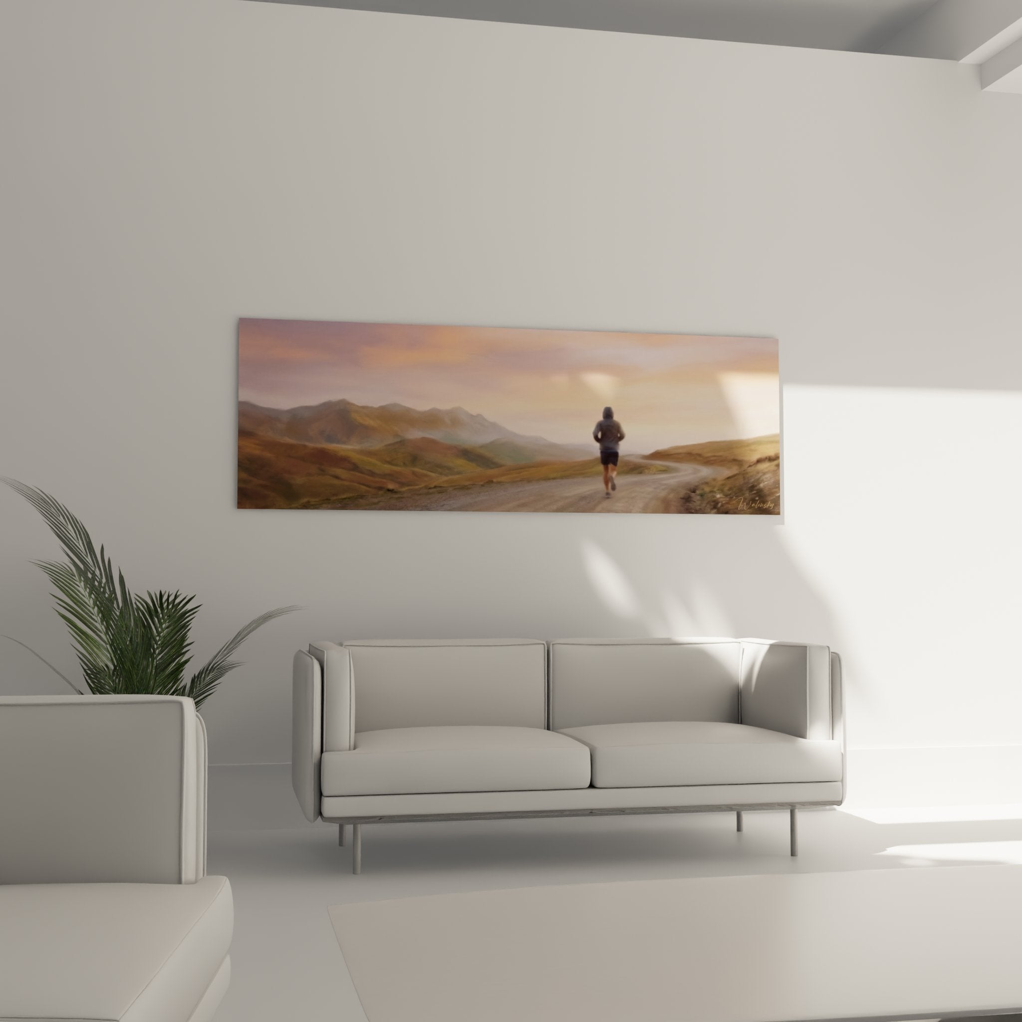 Detailansicht des Wandbildes zeigt Läufer auf kurviger Straße mit warmem Licht und sanften Berghängen im Hintergrund