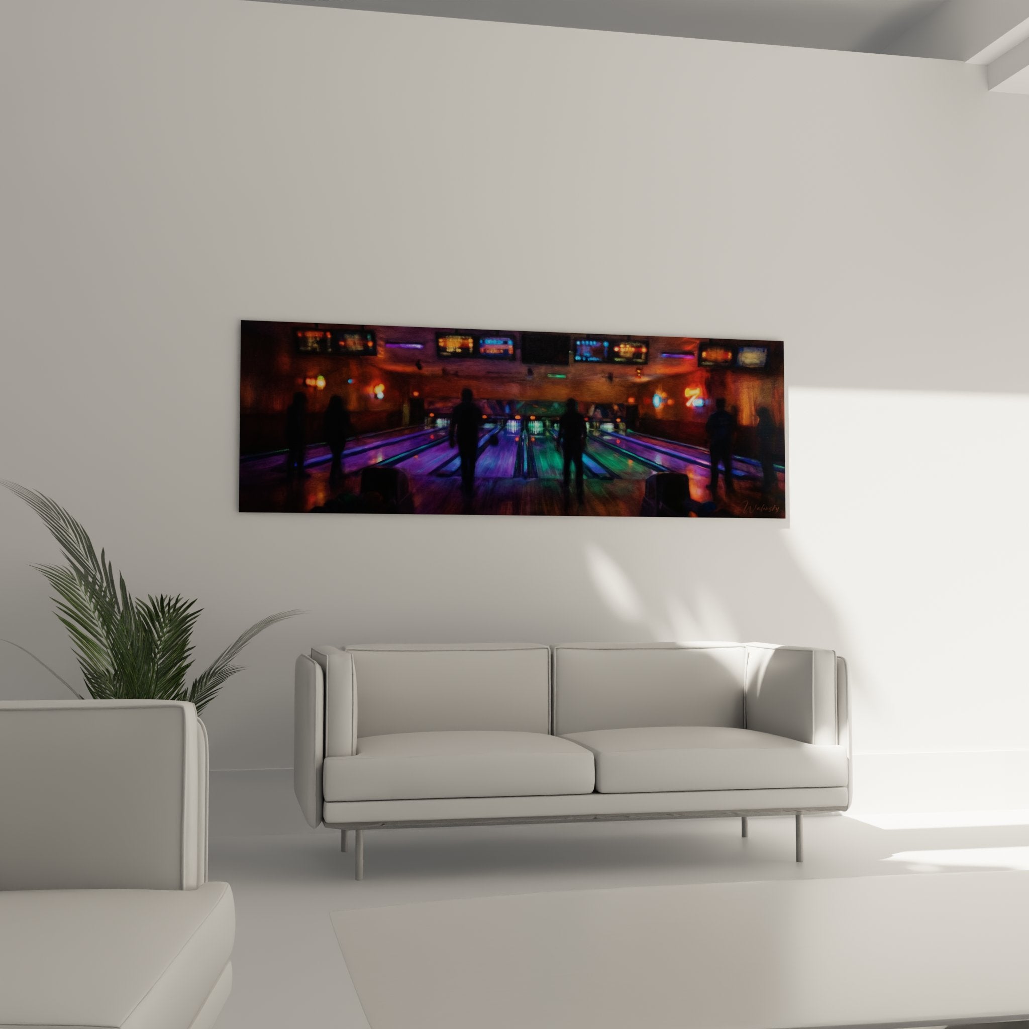 Detailansicht des Bowling Wandbildes mit leuchtenden Neonfarben und atmosphärischen Lichteffekten