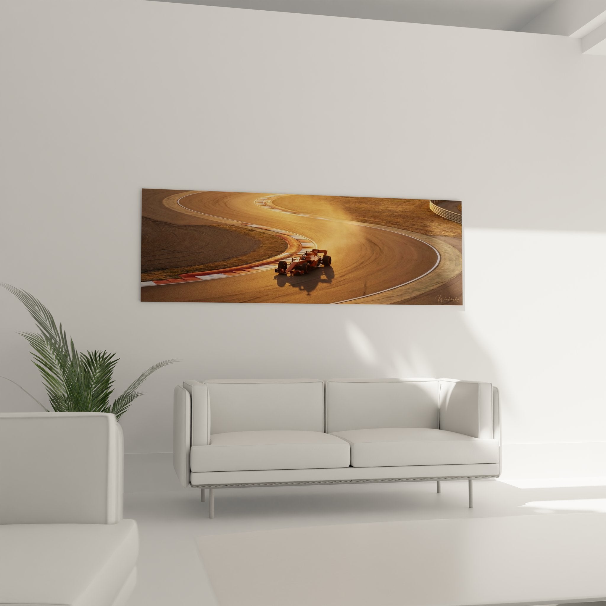 Nahaufnahme F1 Rennwagen Wandbild mit Details von aerodynamischen Flügeln und Rennreifen bei Abendsonne