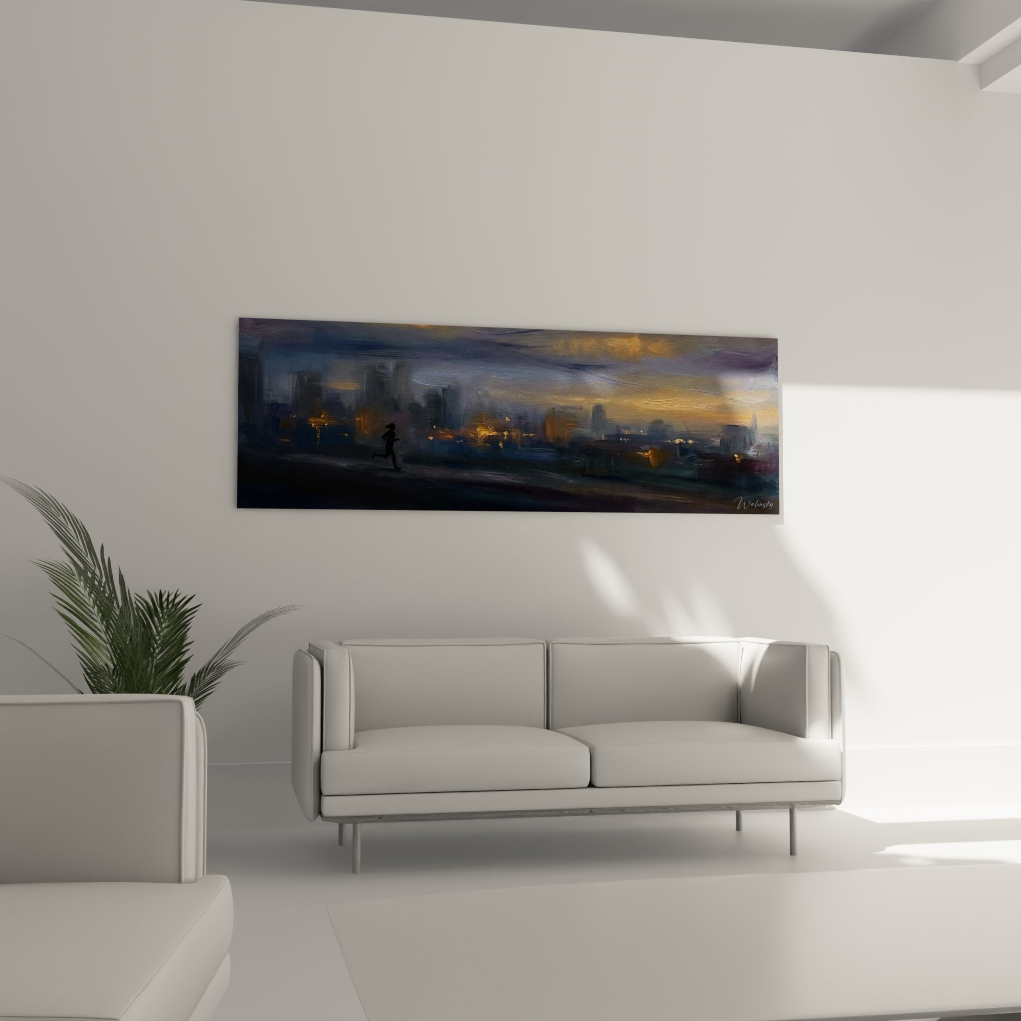 Detailansicht Läufer Wandbild - impressionistische Malweise zeigt Bewegung und Stadtlichter in der Abenddämmerung