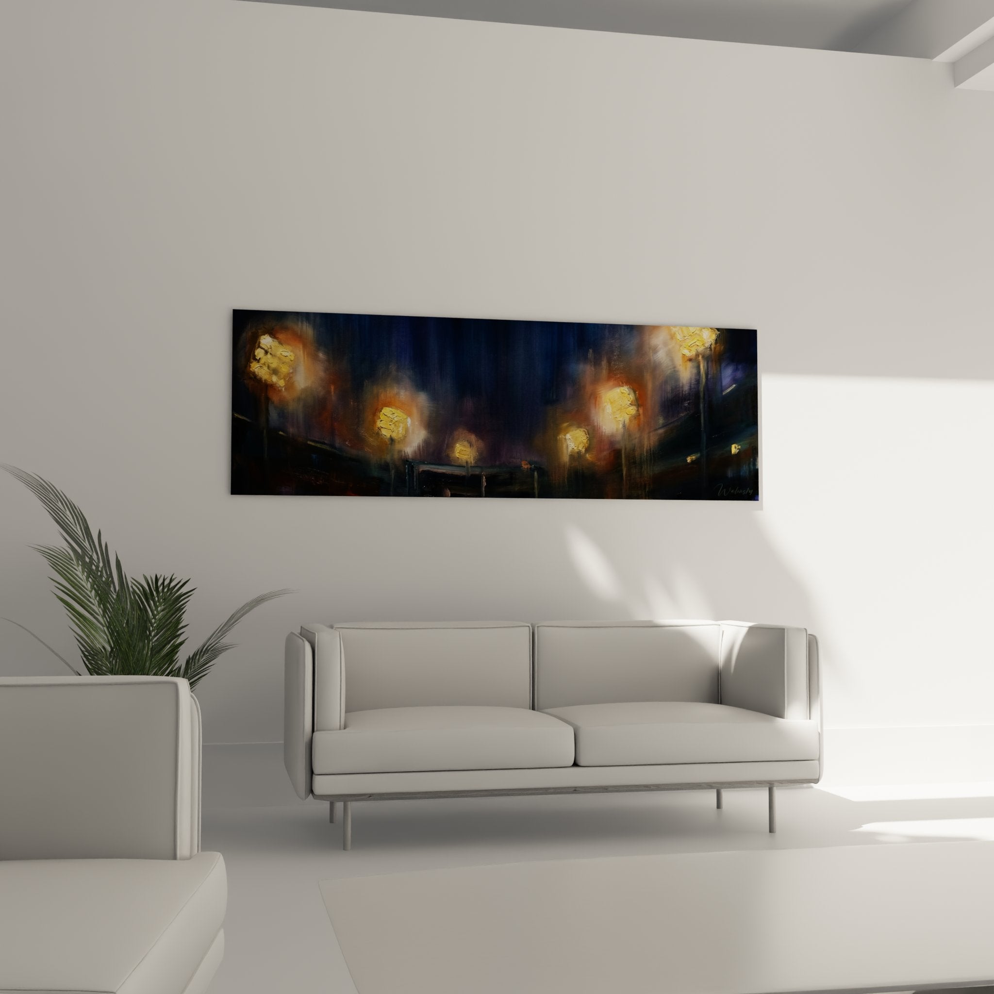 Detailaufnahme der leuchtenden Stadionlichter mit impressionistischer Maltechnik und Farbverläufen