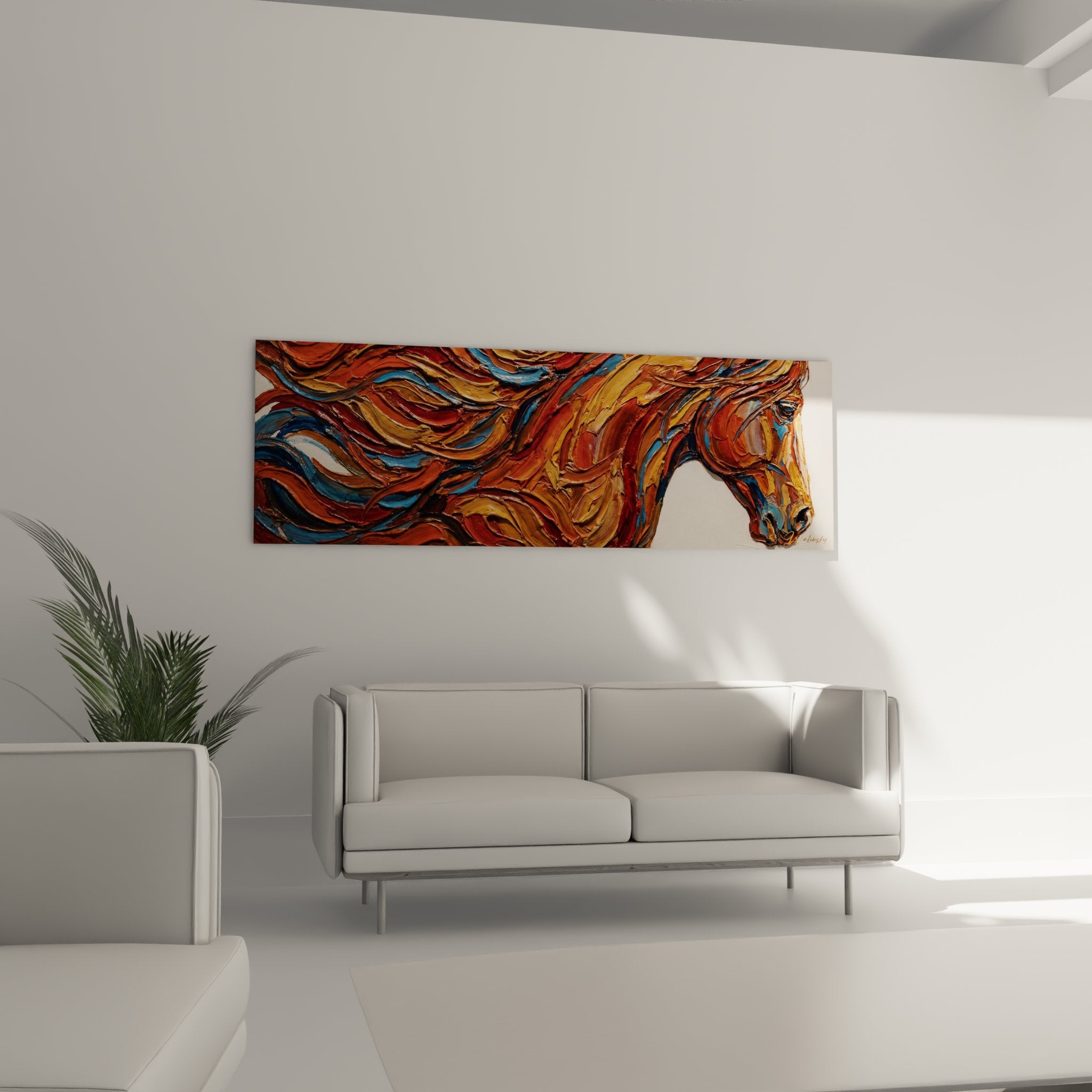 Detailaufnahme der pastosen Maltechnik und Farbstrukturen des Pferde-Wandbildes