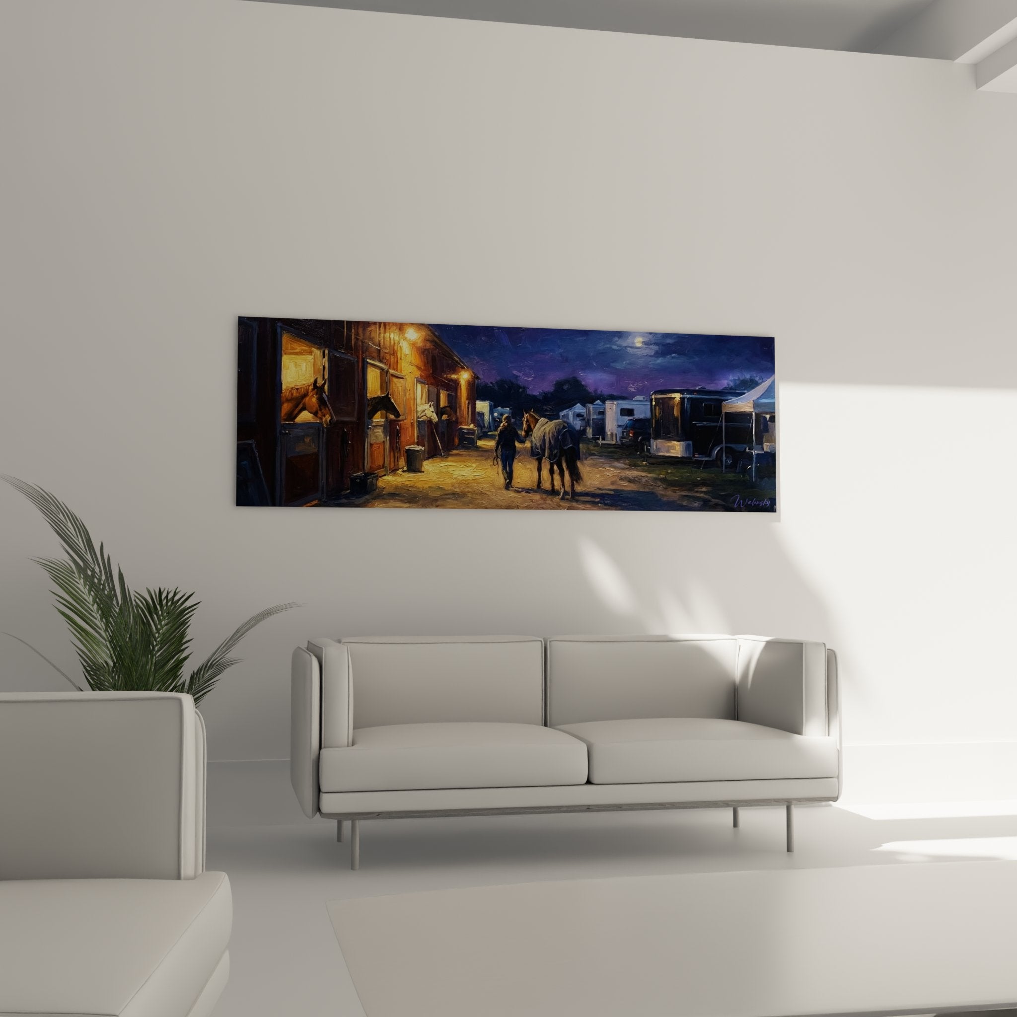 Detailaufnahme Wandbild beleuchtete Stallungen bei Nacht - warme Stallbeleuchtung mit Pferden und Transportern