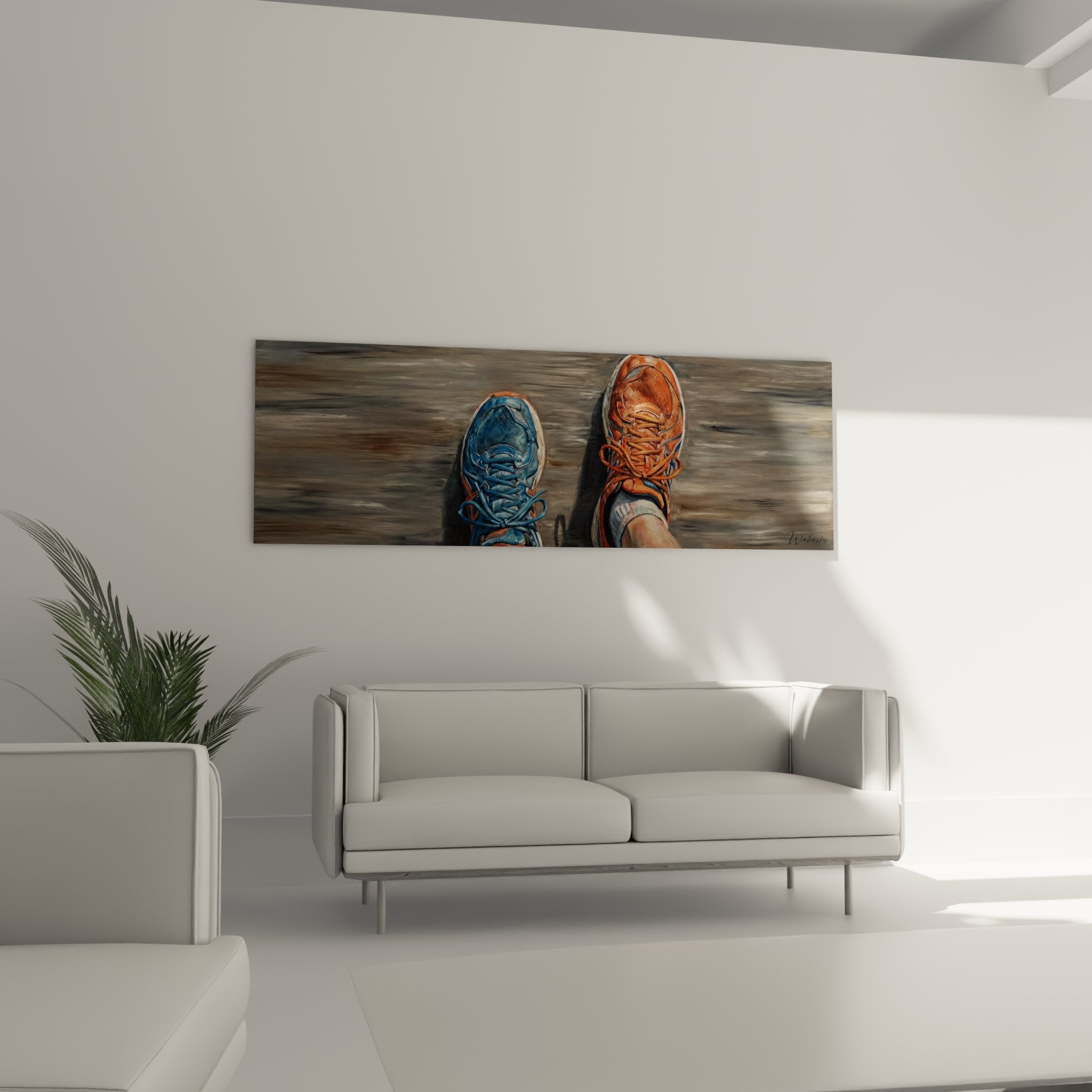 Nahaufnahme des Laufschuhe Wandbilds zeigt Details der Schnürsenkel und Sohlen