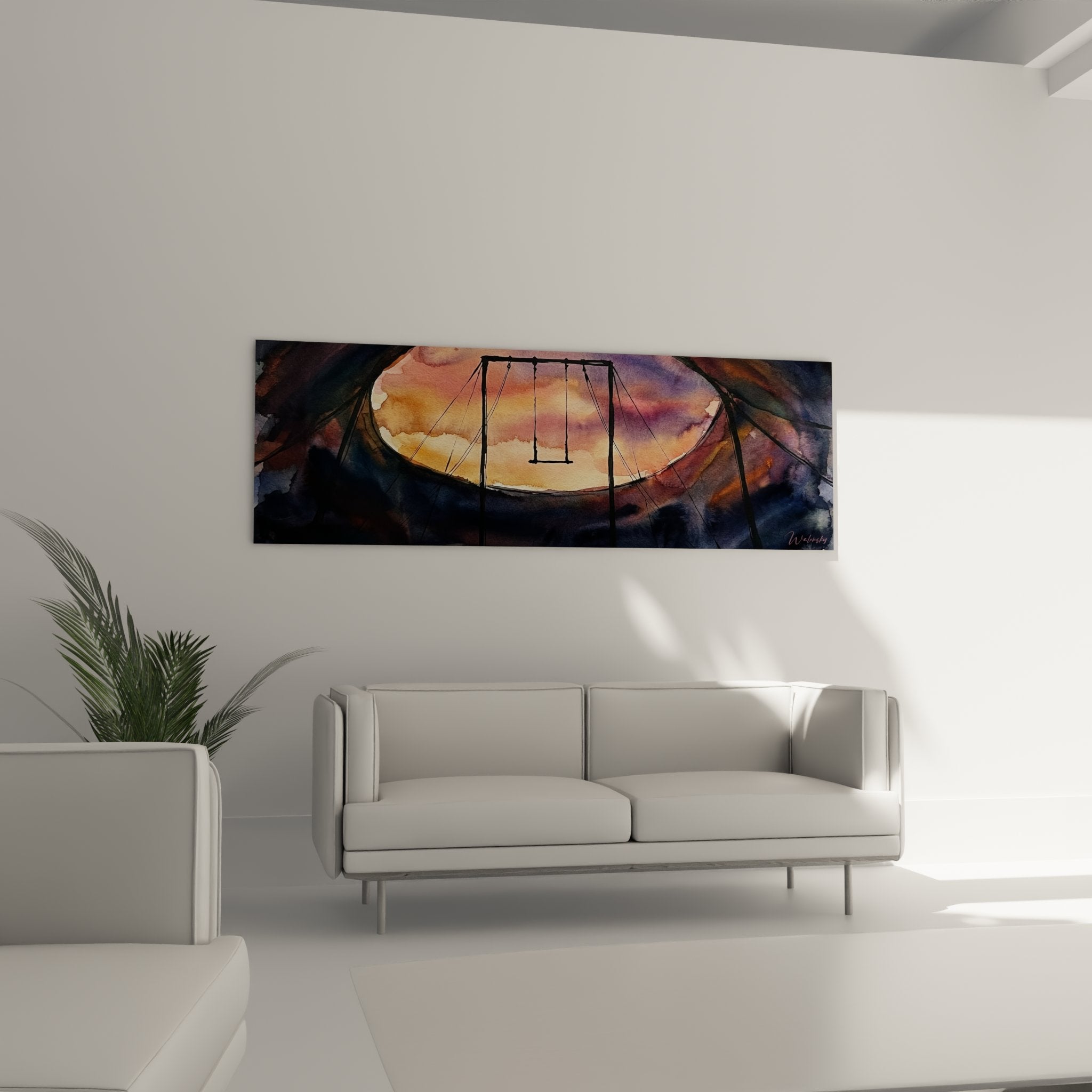 Nahaufnahme Zirkusschaukel Wandbild, detailreiche Aquarellmalerei in warmen Tönen