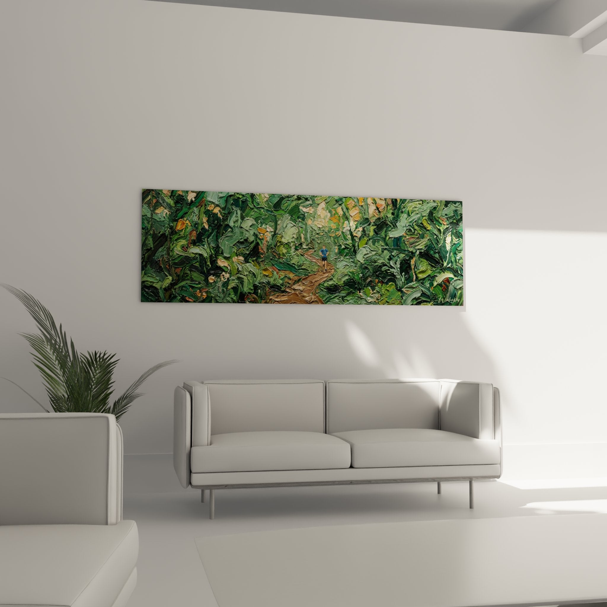 Nahaufnahme Wandbild Waldweg: detailreiche Pinselstriche, grüne Blätter, brauner Erdpfad mit Textur