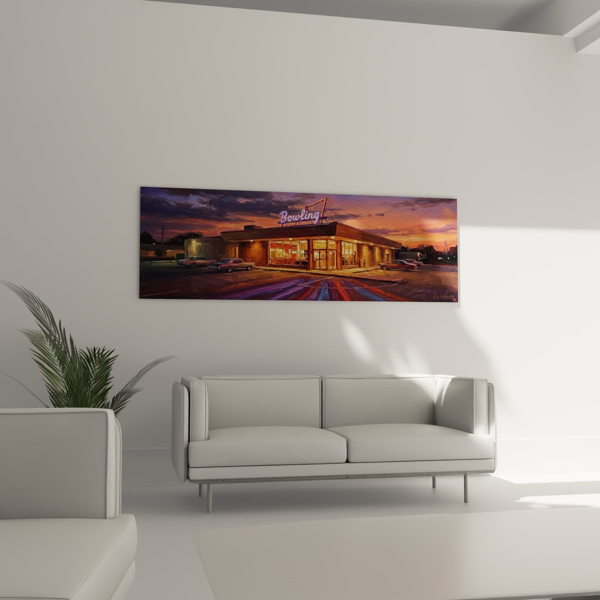 Detailansicht des vintage Bowlingbahn-Wandbildes mit leuchtenden Neonfarben und atmosphärischer Abendstimmung