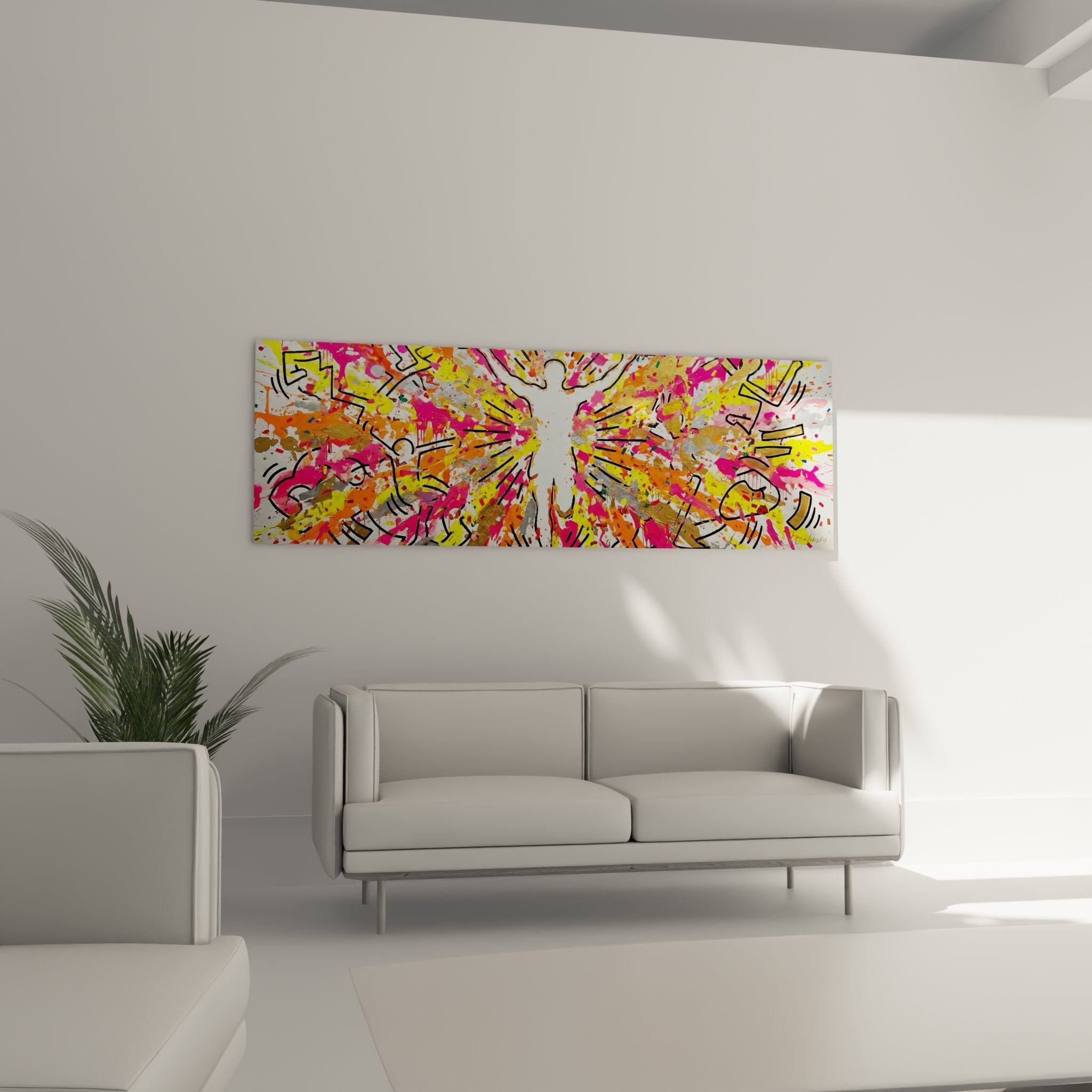 Nahaufnahme des Läufer Wandbildes zeigt Details der expressiven Farben und grafischen Elemente - Edition Laufen