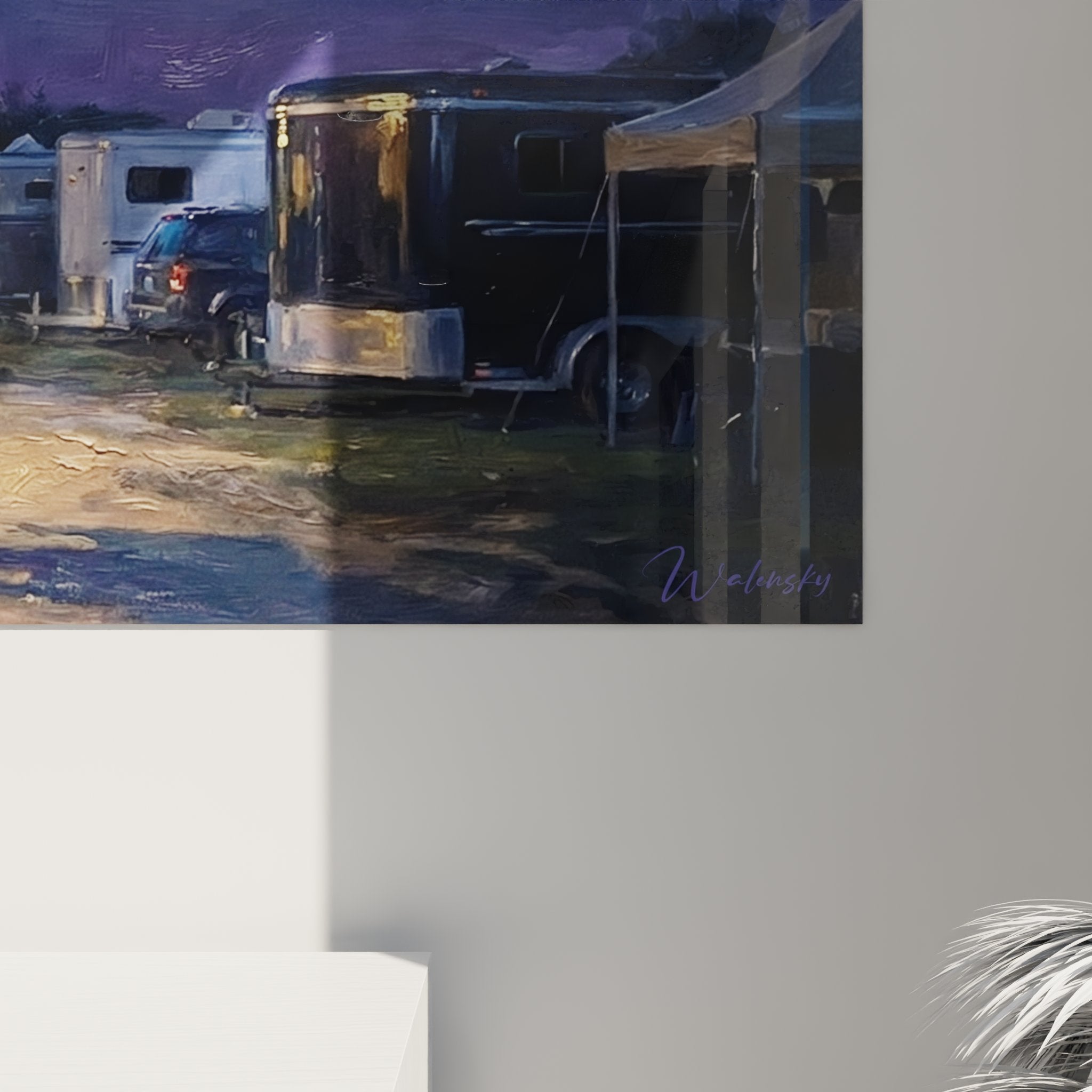 Gesamtansicht Wandbild nächtlicher Pferdestall - Mondschein Stallromantik mit goldener Beleuchtung Edition Reiten