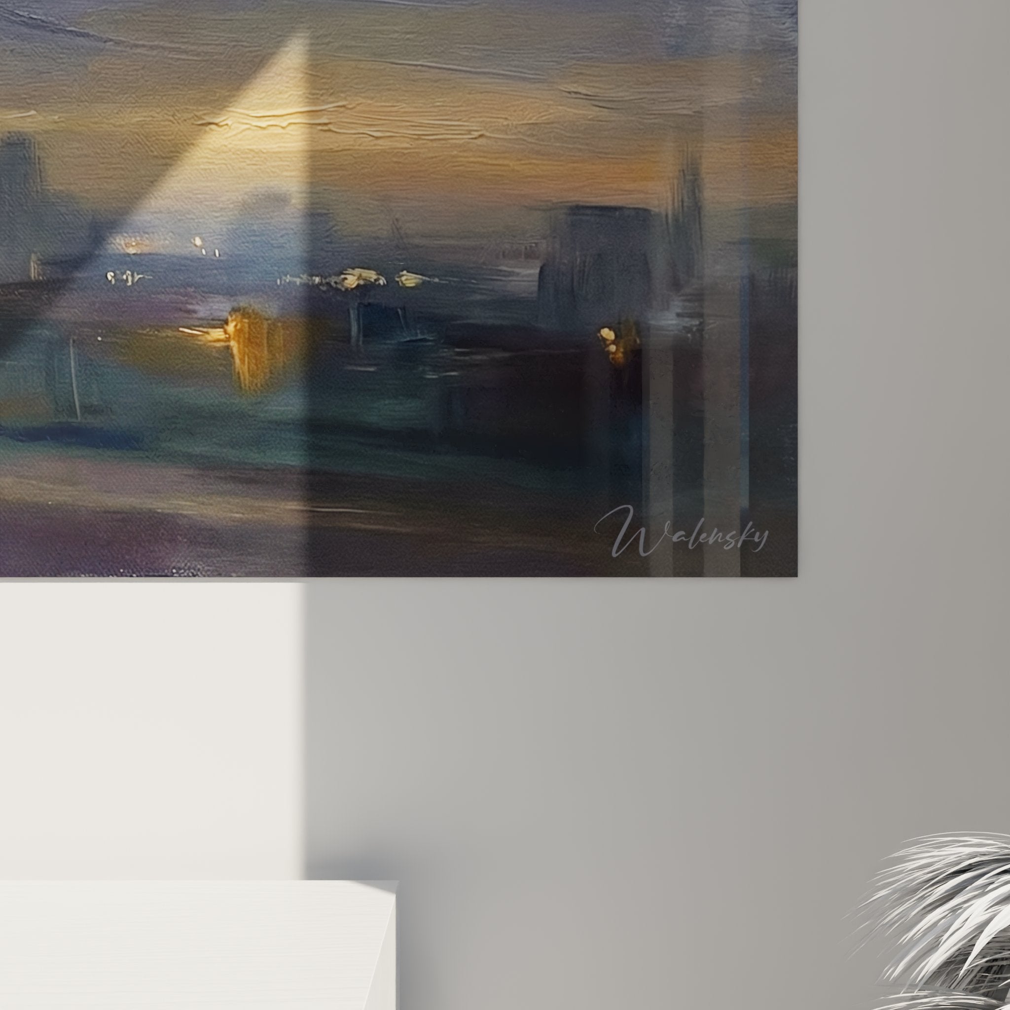 Gesamtansicht Läufer Wandbild - panoramische Stadtlauf-Szene bei Sonnenuntergang als moderne Wandkunst