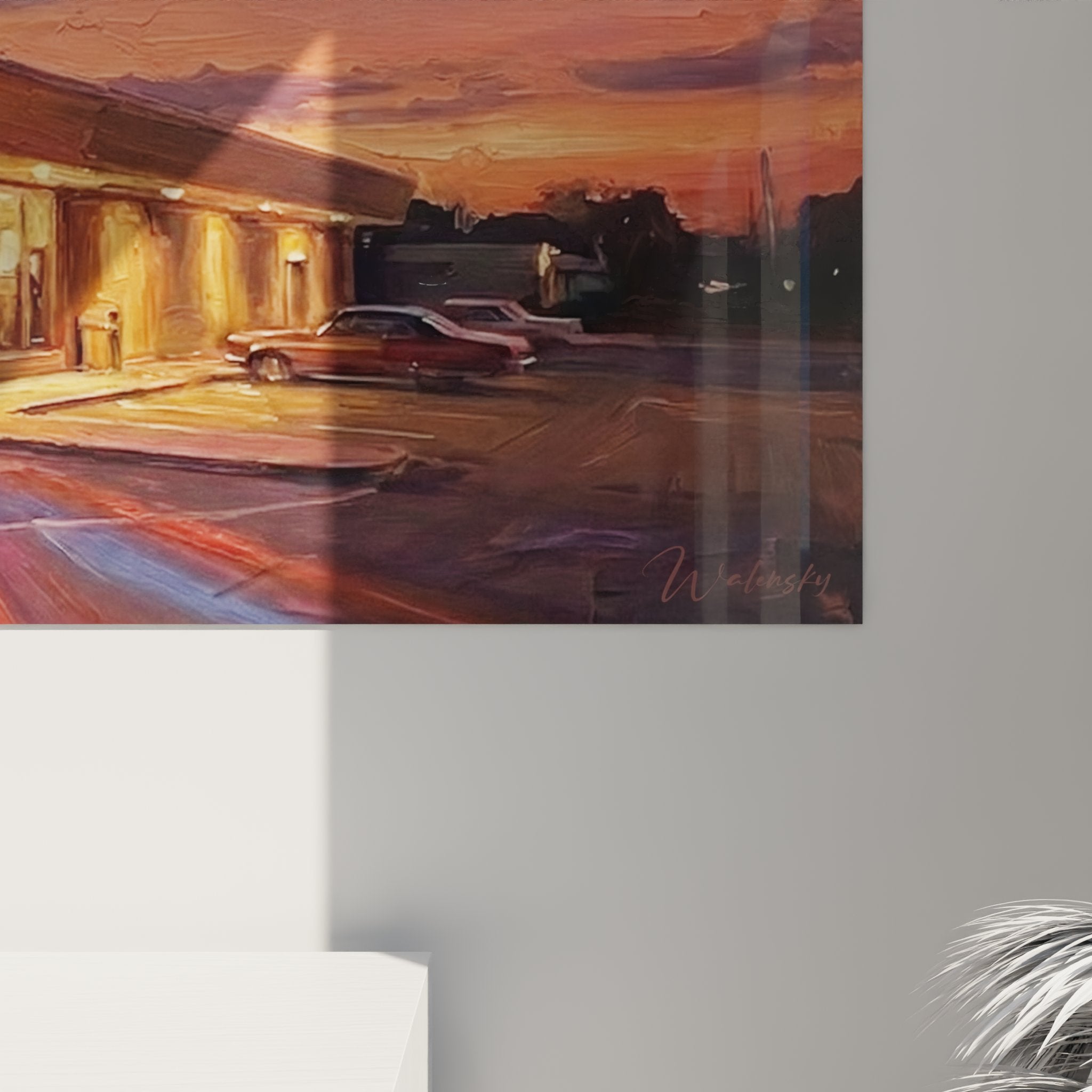 Gesamtansicht des Bowlingbahn-Kunstdrucks an weißer Wand mit eleganter Rahmenloser Präsentation