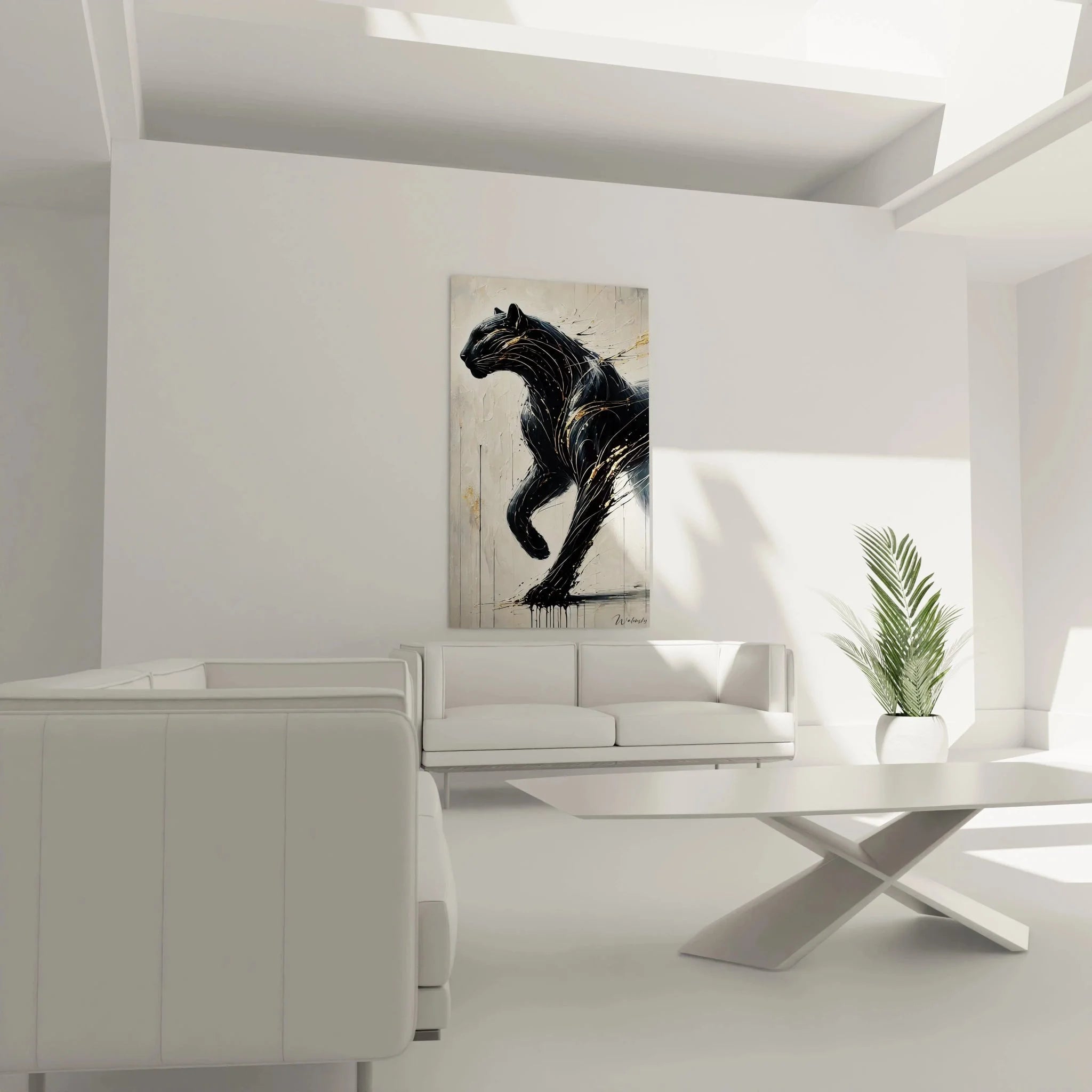 Detailansicht der expressiven Maltechnik des Panther Wandbildes mit Goldakzenten