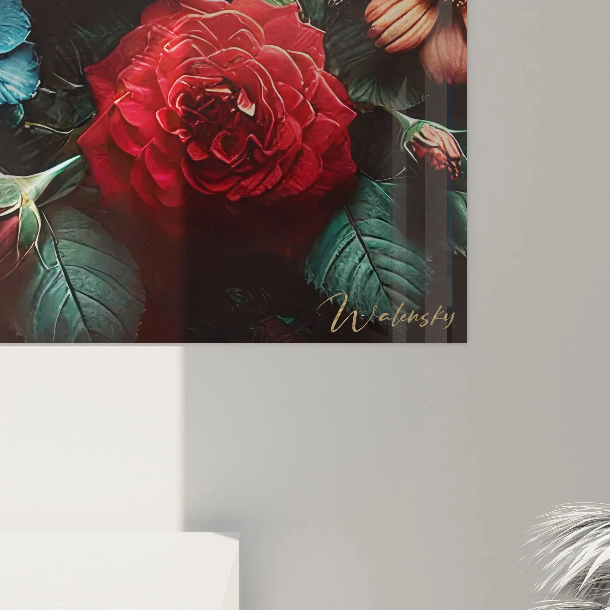 Gesamtansicht Wandbild schwarzer Panther - florale Dekoration für moderne Wohnräume