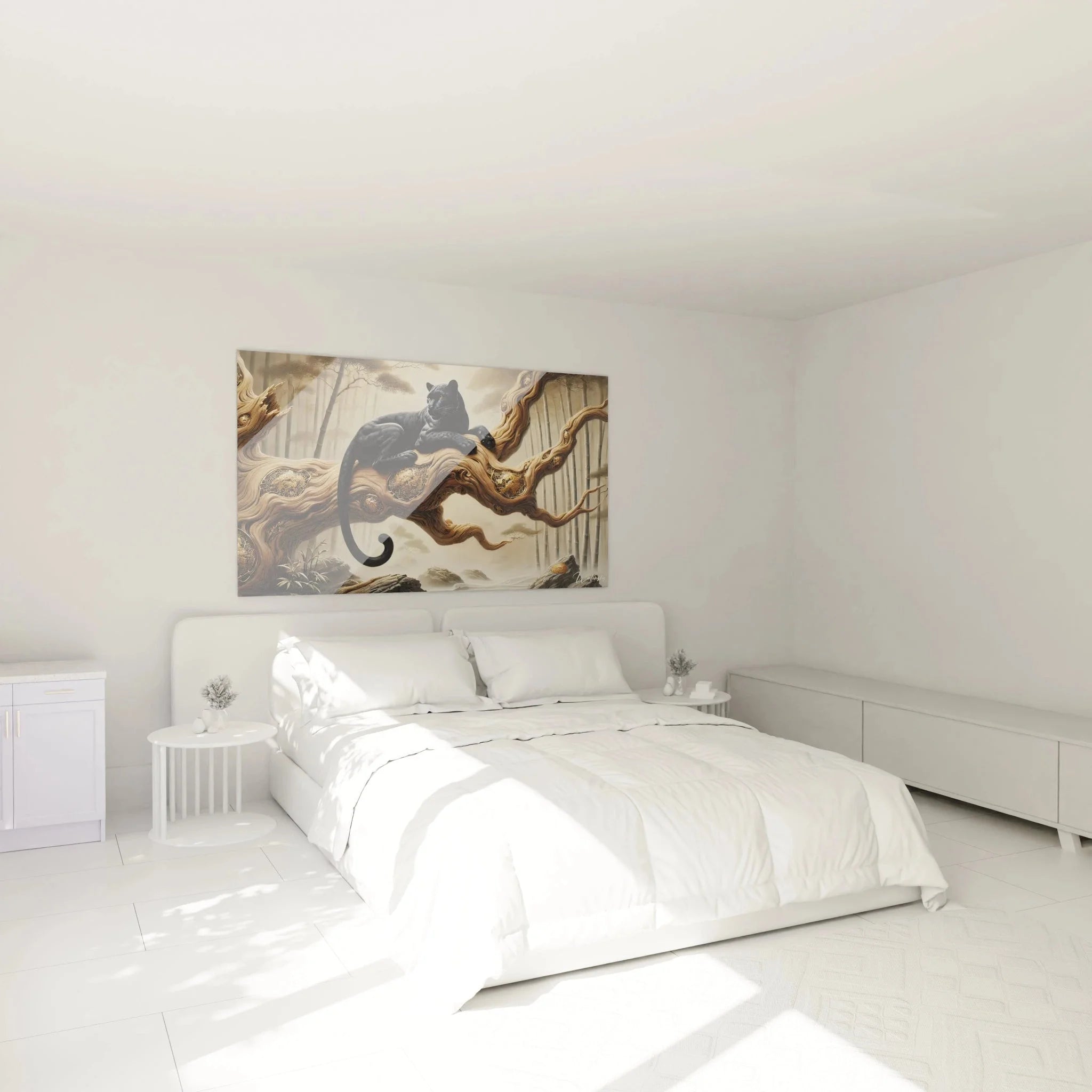 Schwarzer Panther Wandbild in modernem Schlafzimmer als stilvolle Wanddekoration über dem Bett